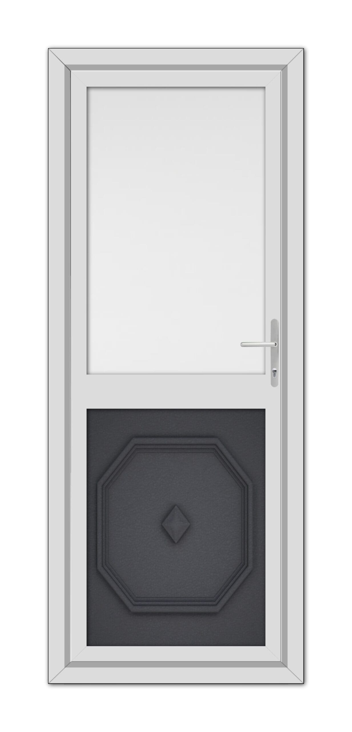 A modern Grey Grained Westminster Half uPVC Back Door featuring a geometric panel at the bottom and a glass window at the top, complete with a silver handle, isolated on white.