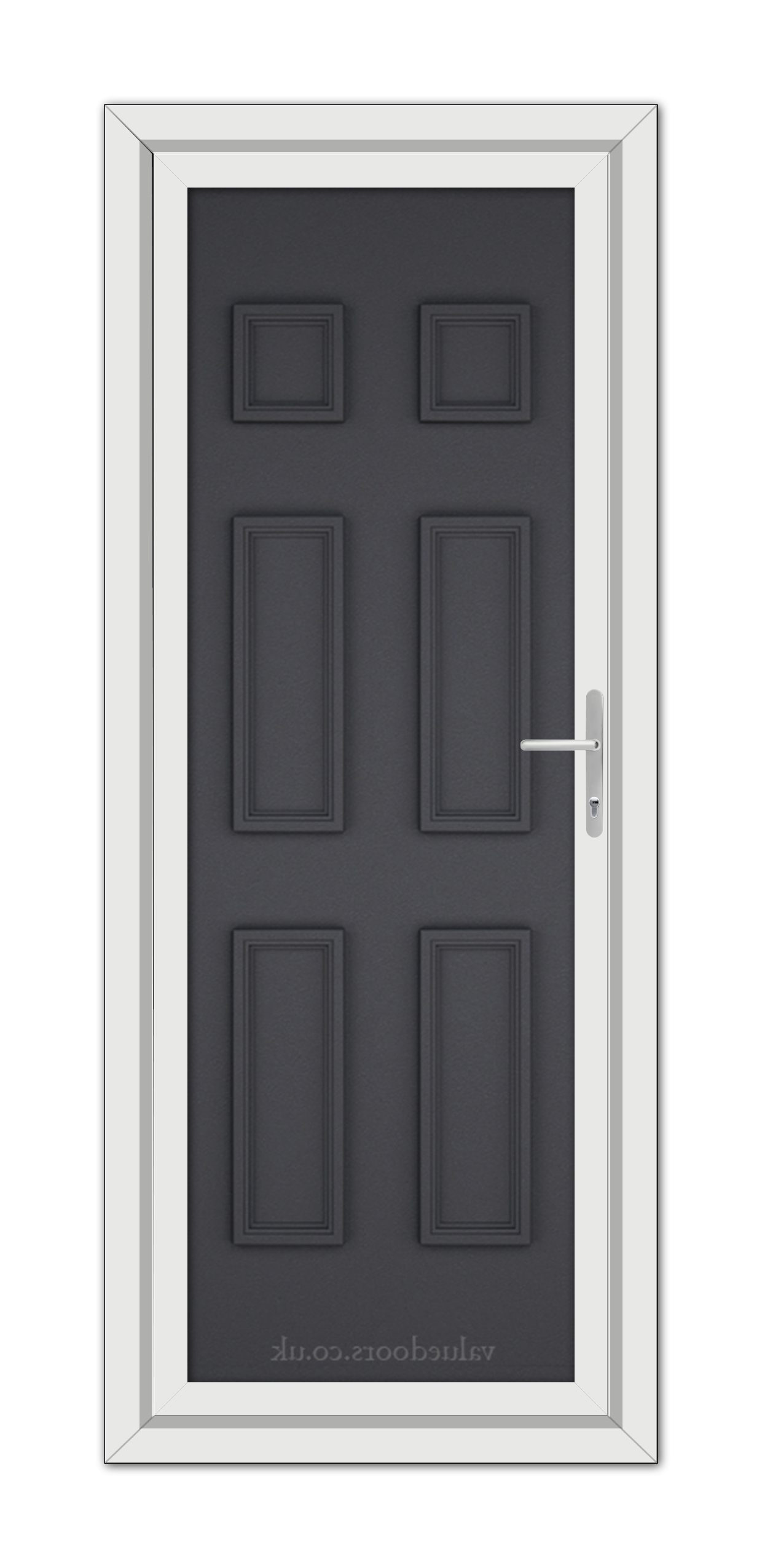 A modern Grey Grained Windsor Solid uPVC door with six panels and a silver handle, framed in a white door frame, viewed from the front.