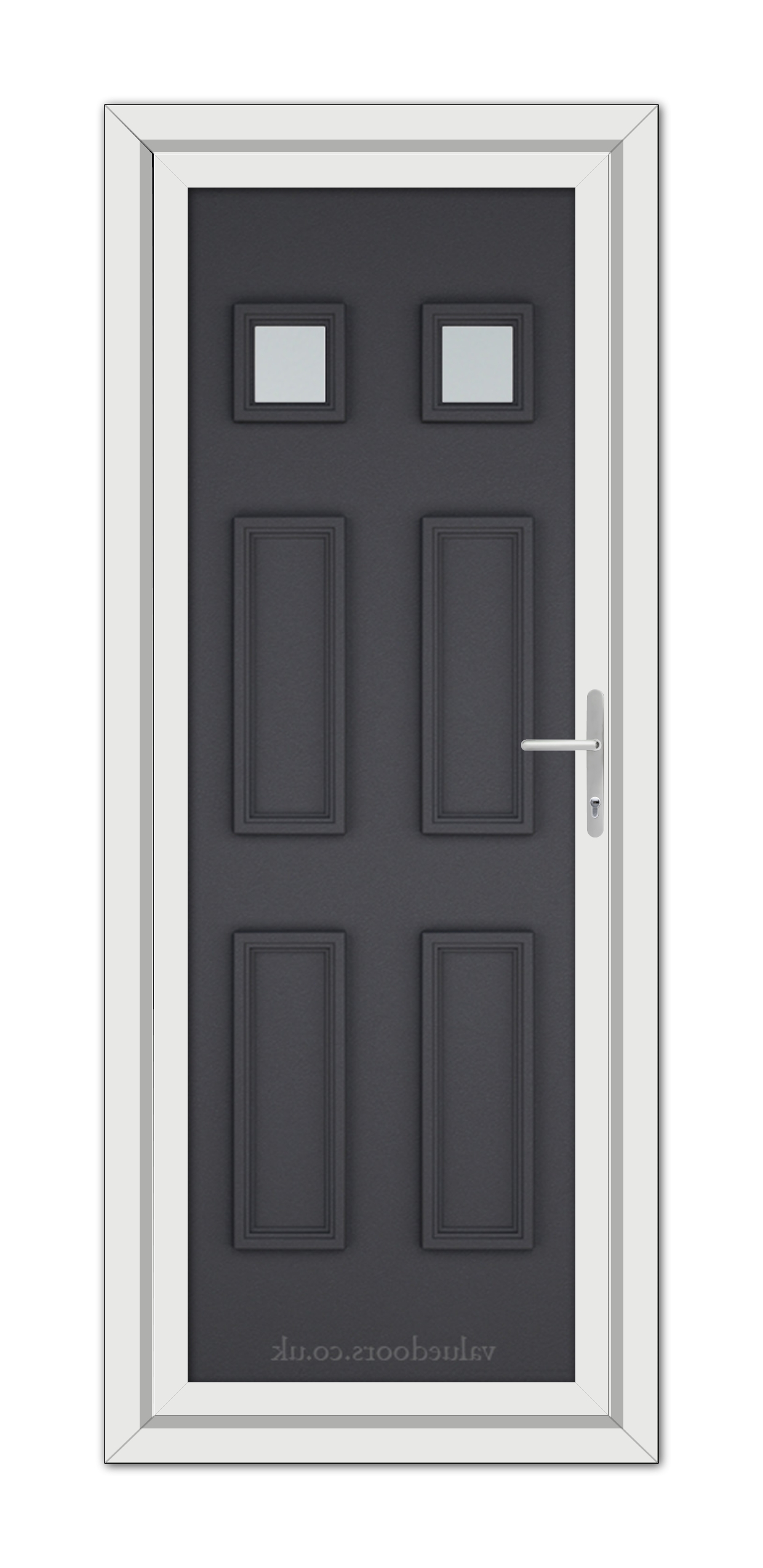 A Grey Grained Windsor uPVC Door with four recessed panels and two small square windows, framed in white, with a metallic handle on the right side.