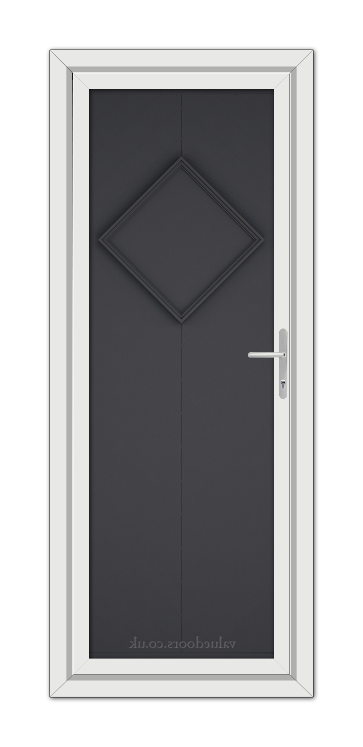 A modern Grey Hamburg Solid uPVC door with a diamond-shaped panel, silver handle, and white frame.