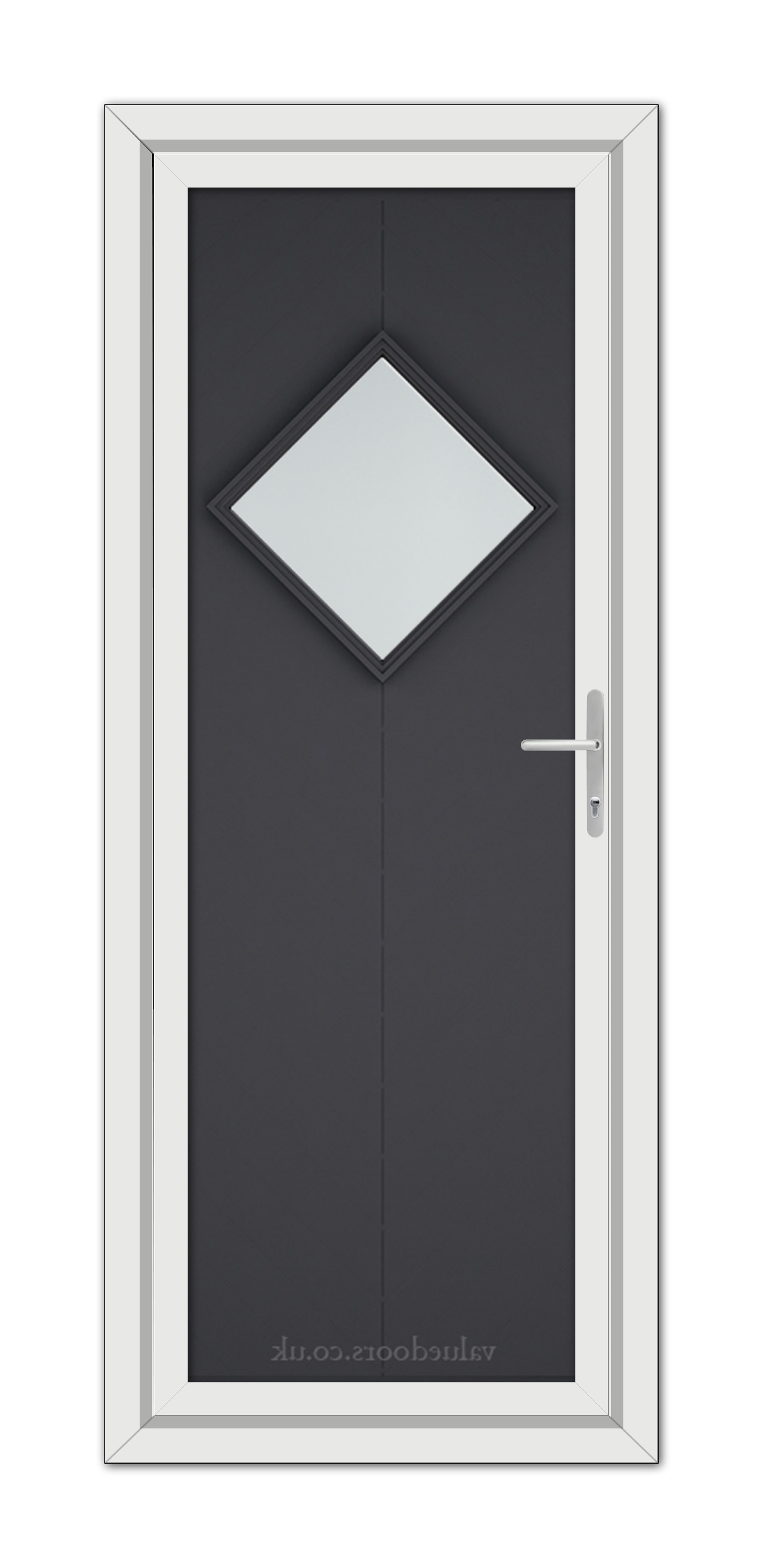 A modern Grey Hamburg uPVC Door with a diamond-shaped window and a silver handle, framed in white.