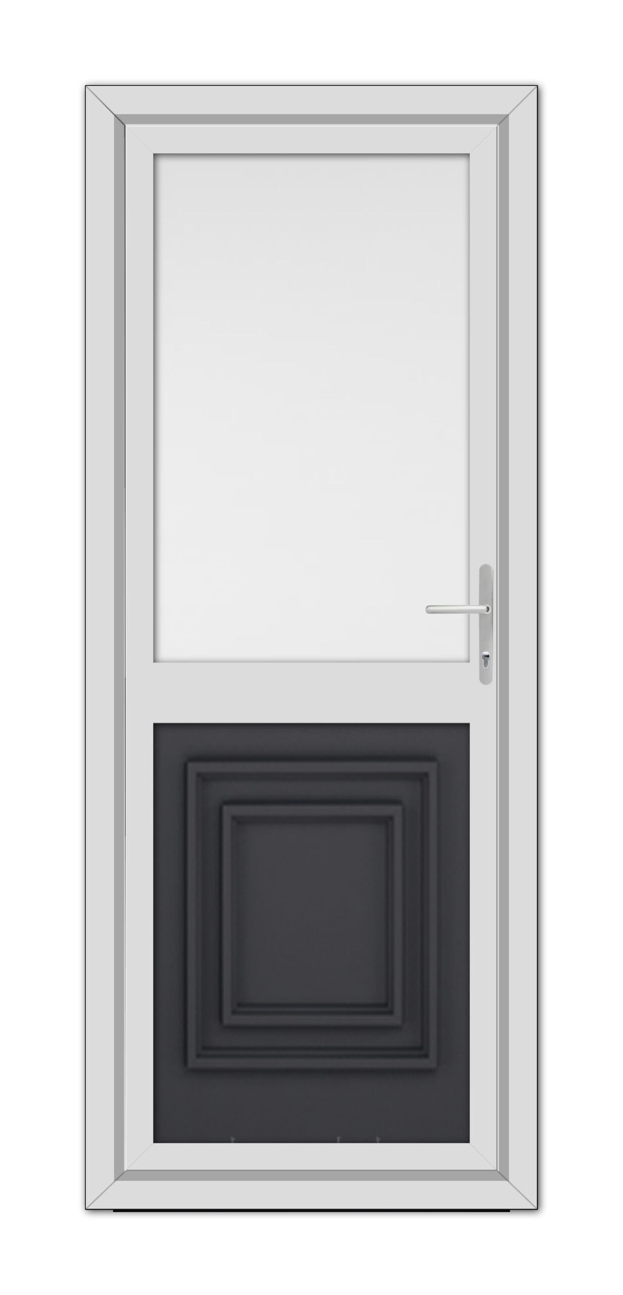 A modern white door with a silver handle and a Grey Hannover Half uPVC panel near the bottom, featuring a small window on the upper half.