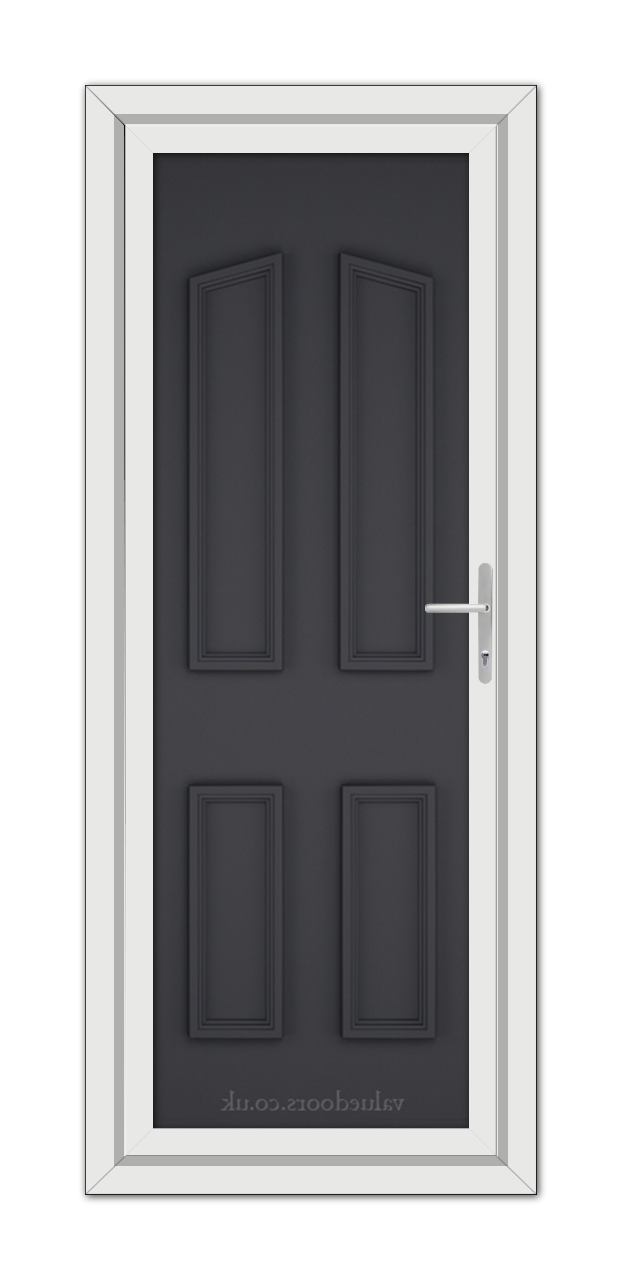 A modern, vertical-format image of a closed, Grey Kensington Solid uPVC Door with four panels and a metallic handle, set within a white frame.