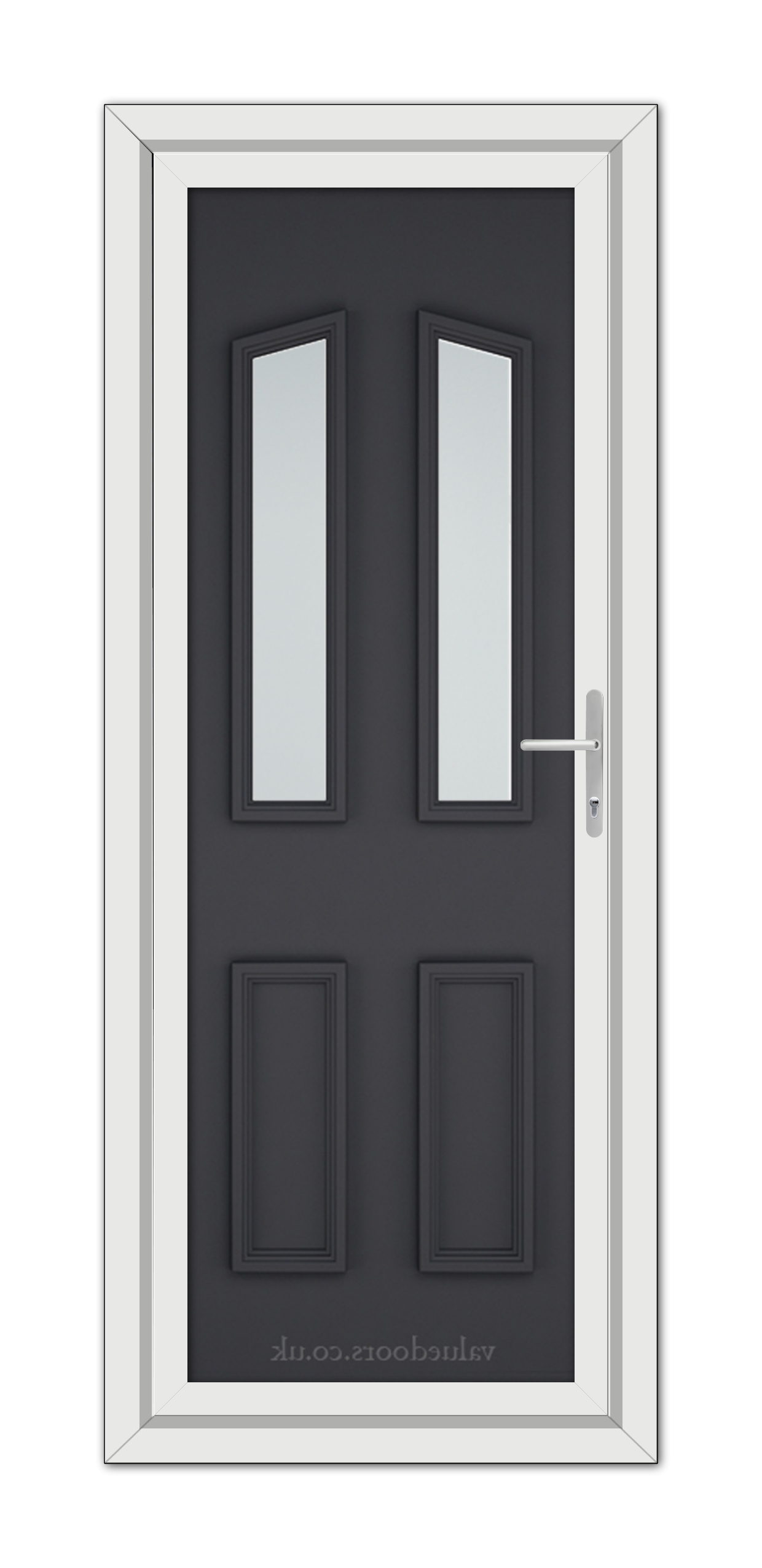 Modern Grey Kensington uPVC Door with two vertical glass panels and a silver handle, framed by a white door frame.