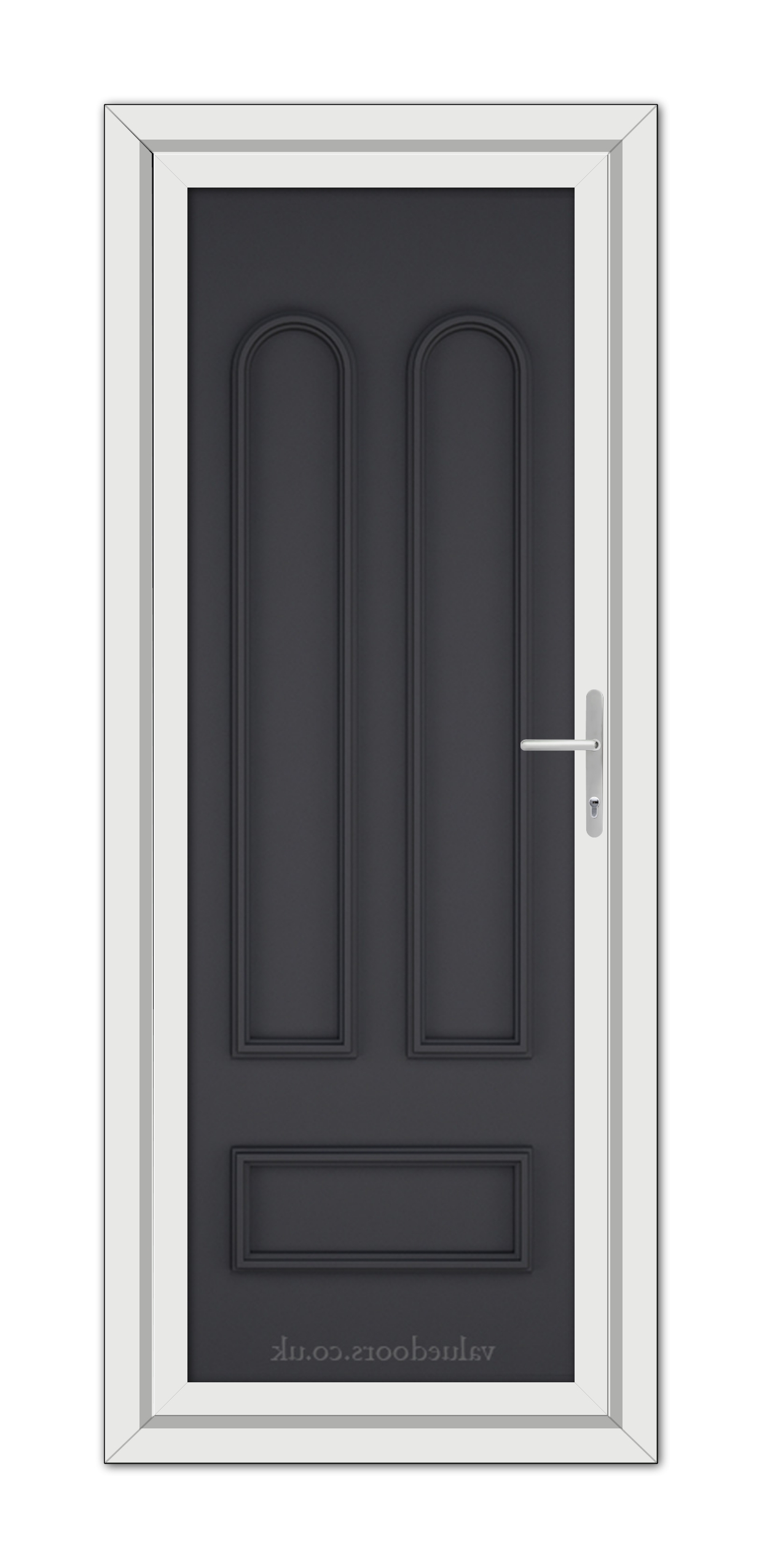 Vertical image of a modern Grey Madrid Solid uPVC Door with two panels and a metallic handle, framed by a white doorframe.