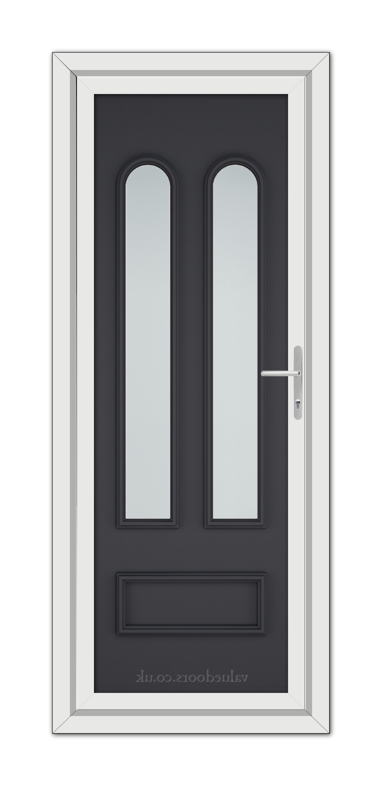 Modern Grey Madrid uPVC Door with long, vertical glass windows and a silver handle, set in a white frame.