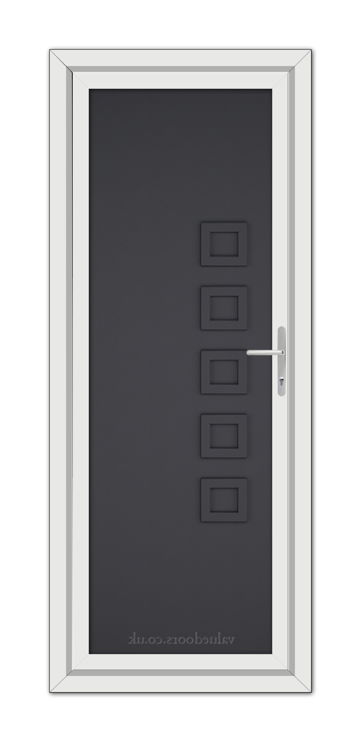 A modern Grey Malaga Solid uPVC Door with a straight handle and four square windows on the left, viewable vertically in a white frame.