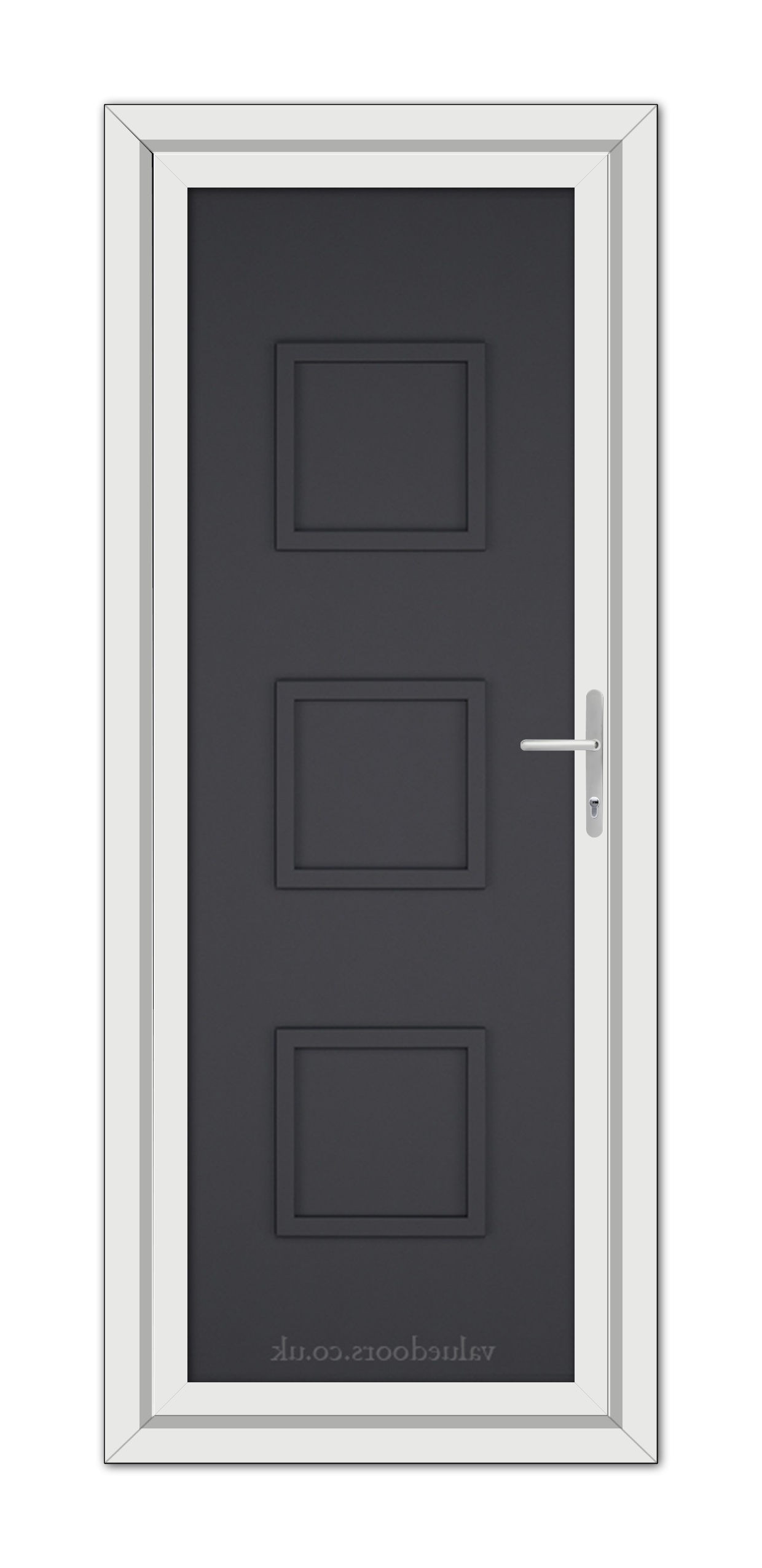 A Grey Modern 5013 Solid uPVC door with three panels and a silver handle, framed with a white trim, set against a white background.