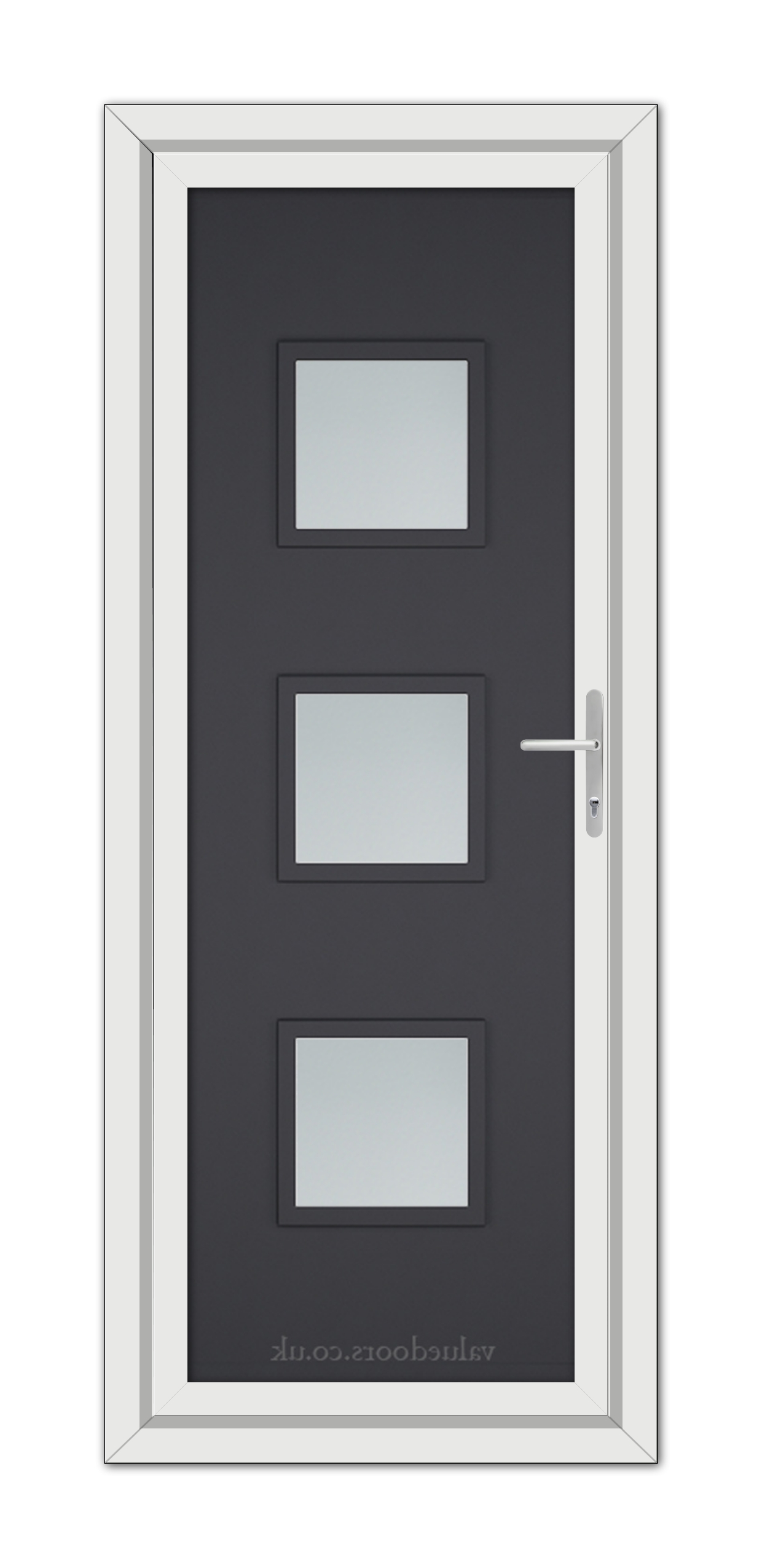 Grey Modern 5013 uPVC Door with three rectangular frosted glass panels and a silver handle, set within a white frame.