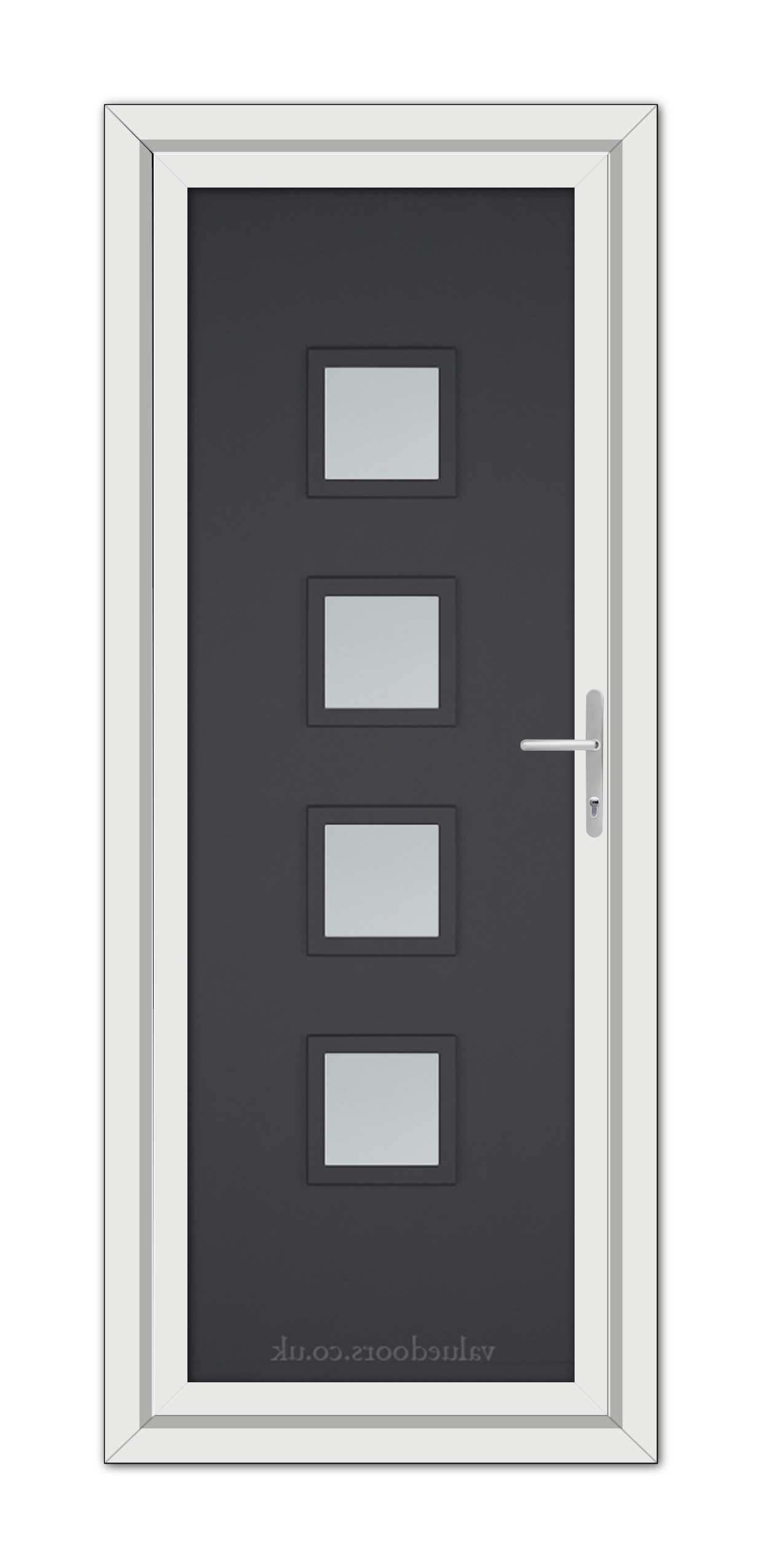 Grey Modern 5034 uPVC front door with four rectangular frosted glass panels, silver handle, and a white frame, viewed from the front.