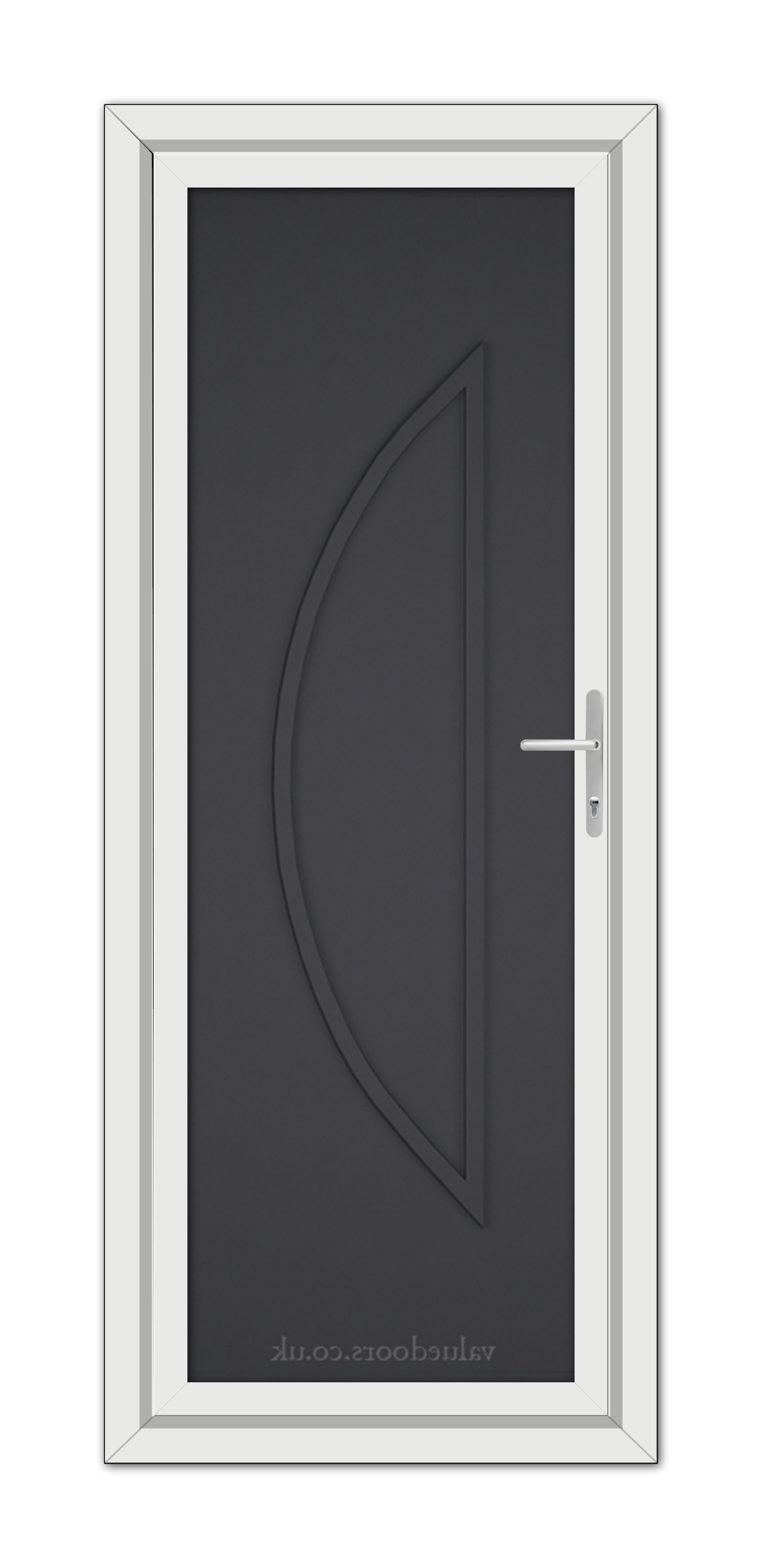 A Grey Modern 5051 Solid uPVC door with an asymmetrical raised panel design, silver handle, and white frame, viewed from the front.