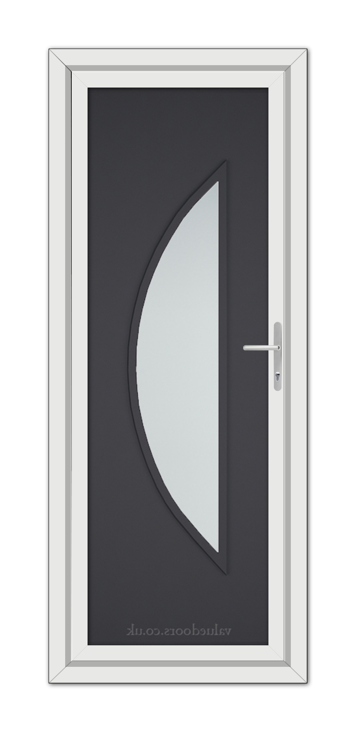 Grey Modern 5051 uPVC door design featuring a tall, narrow white frame with a central black panel and an elongated, half-moon frosted glass window on the right side, complemented by a sleek door handle.