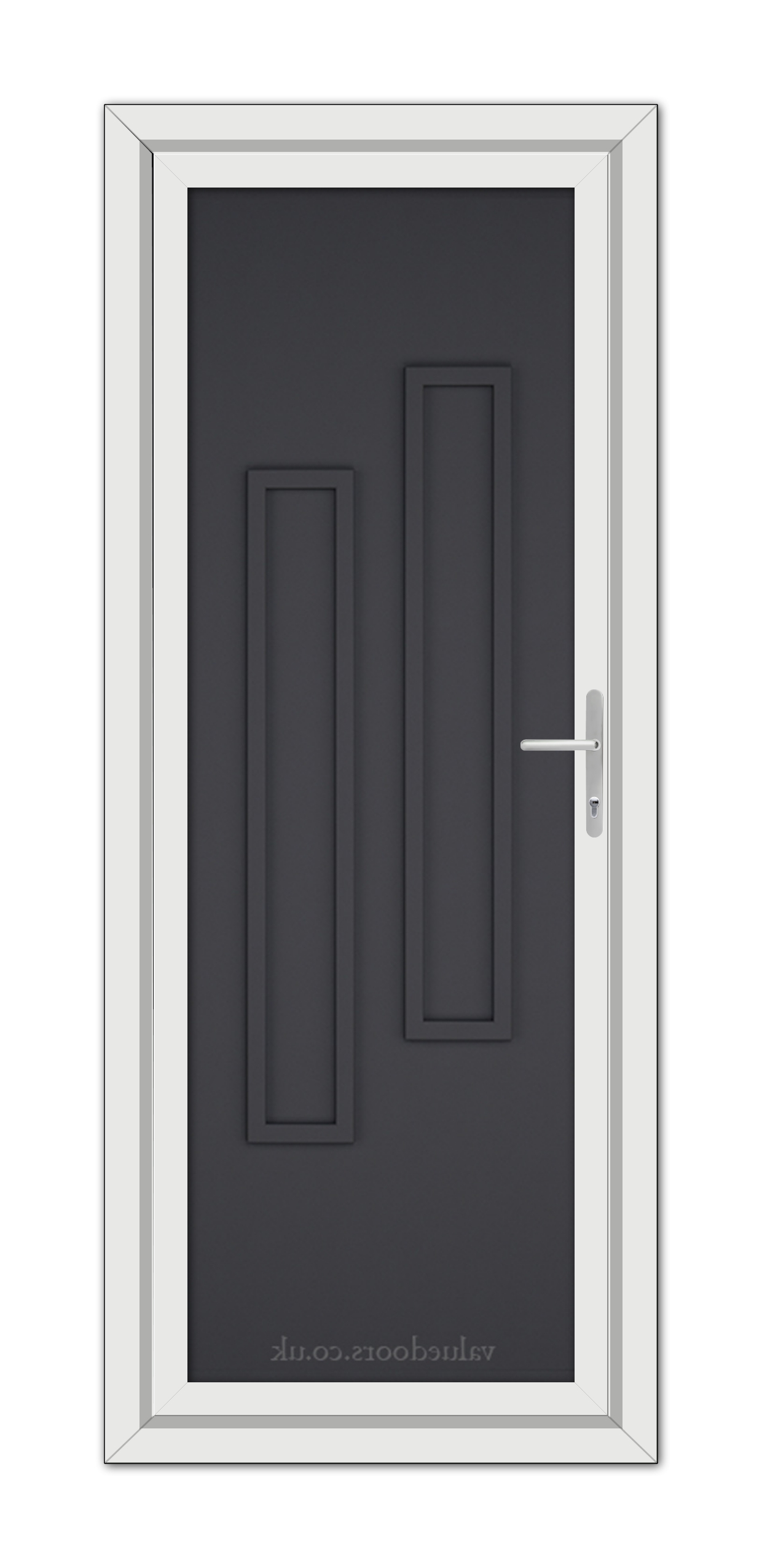 A Grey Modern 5082 Solid uPVC Door with a white frame and a metallic handle, featuring two vertical panels.