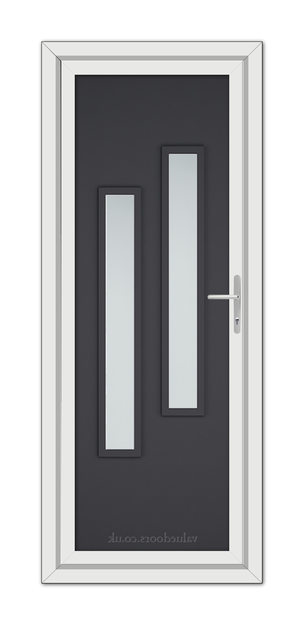 A Grey Modern 5082 uPVC Door with two vertical glass panels and a silver handle, set within a white frame.