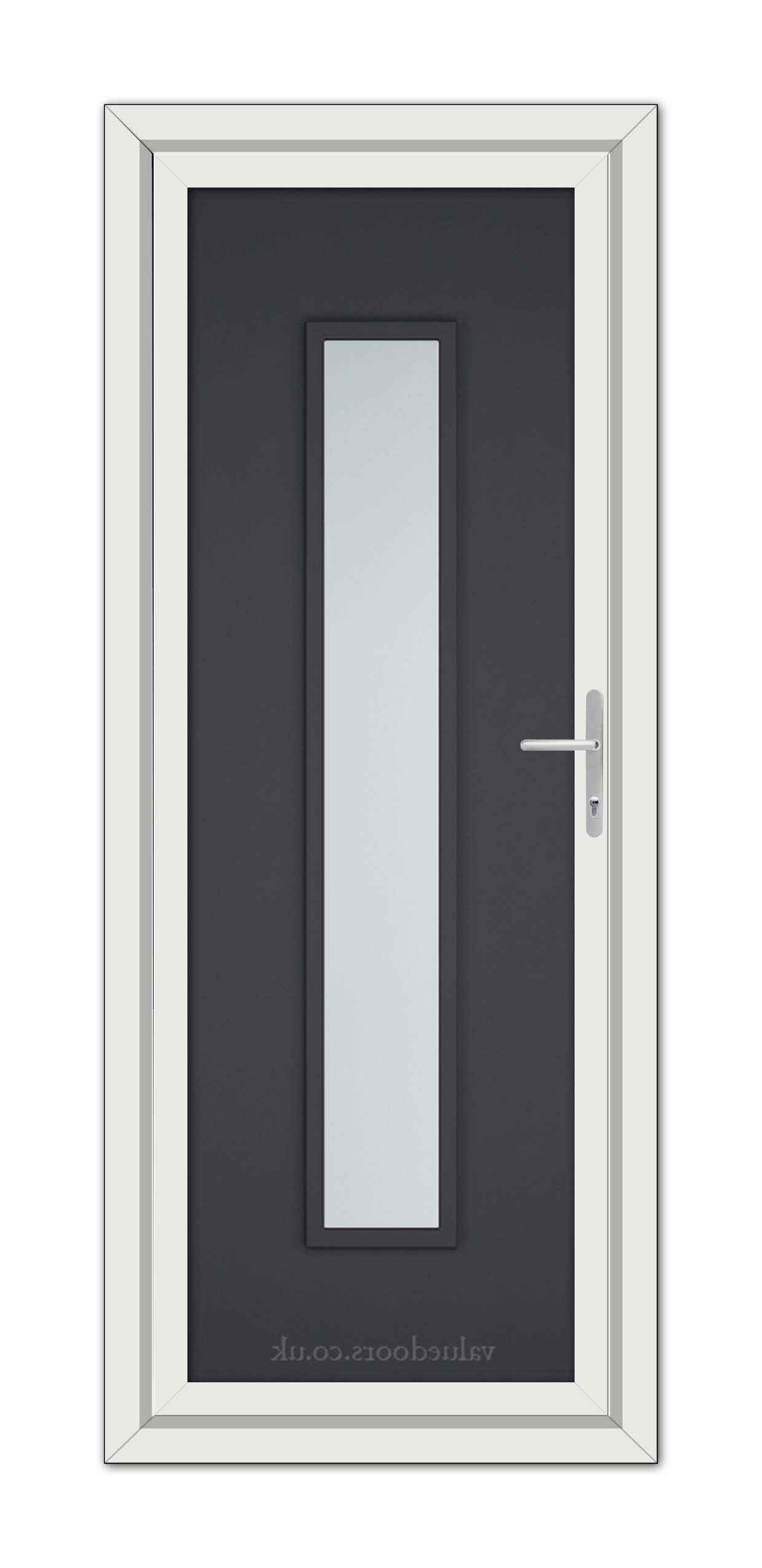 A Grey Modern 5101 uPVC door with a vertical glass panel, steel handle, and minimalist design, framed in white.