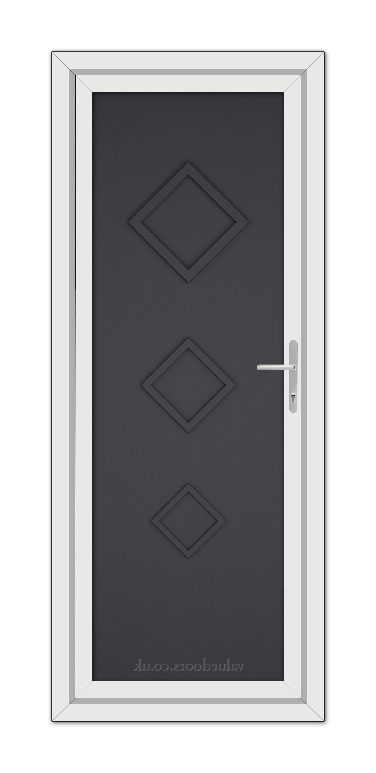 A Grey Modern 5123 Solid uPVC door with three diamond-shaped panels, featuring a white frame and a chrome handle, isolated on a white background.