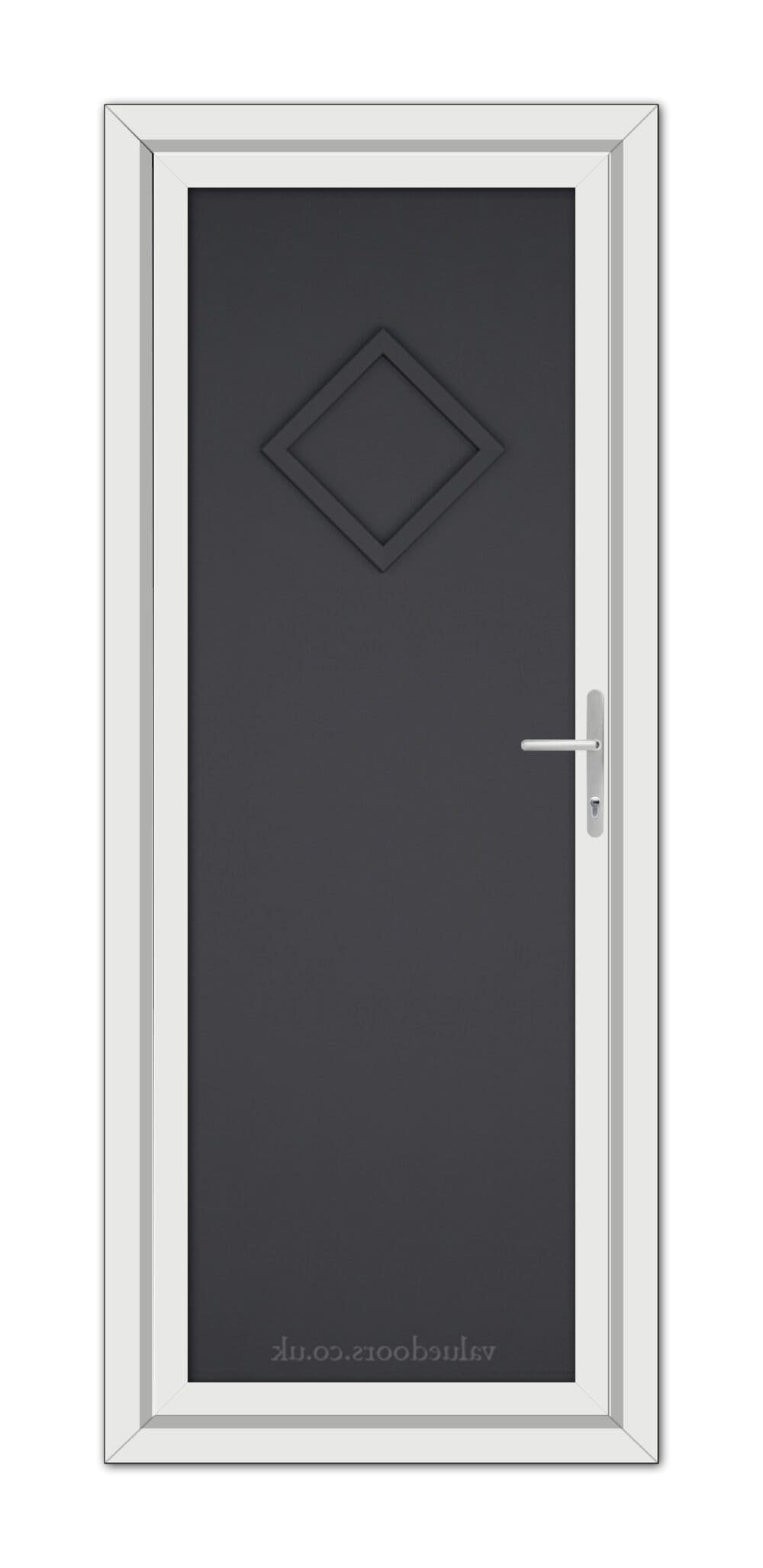 A Grey Modern 5131 Solid uPVC door with a diamond-shaped panel and a silver handle, set within a white frame.