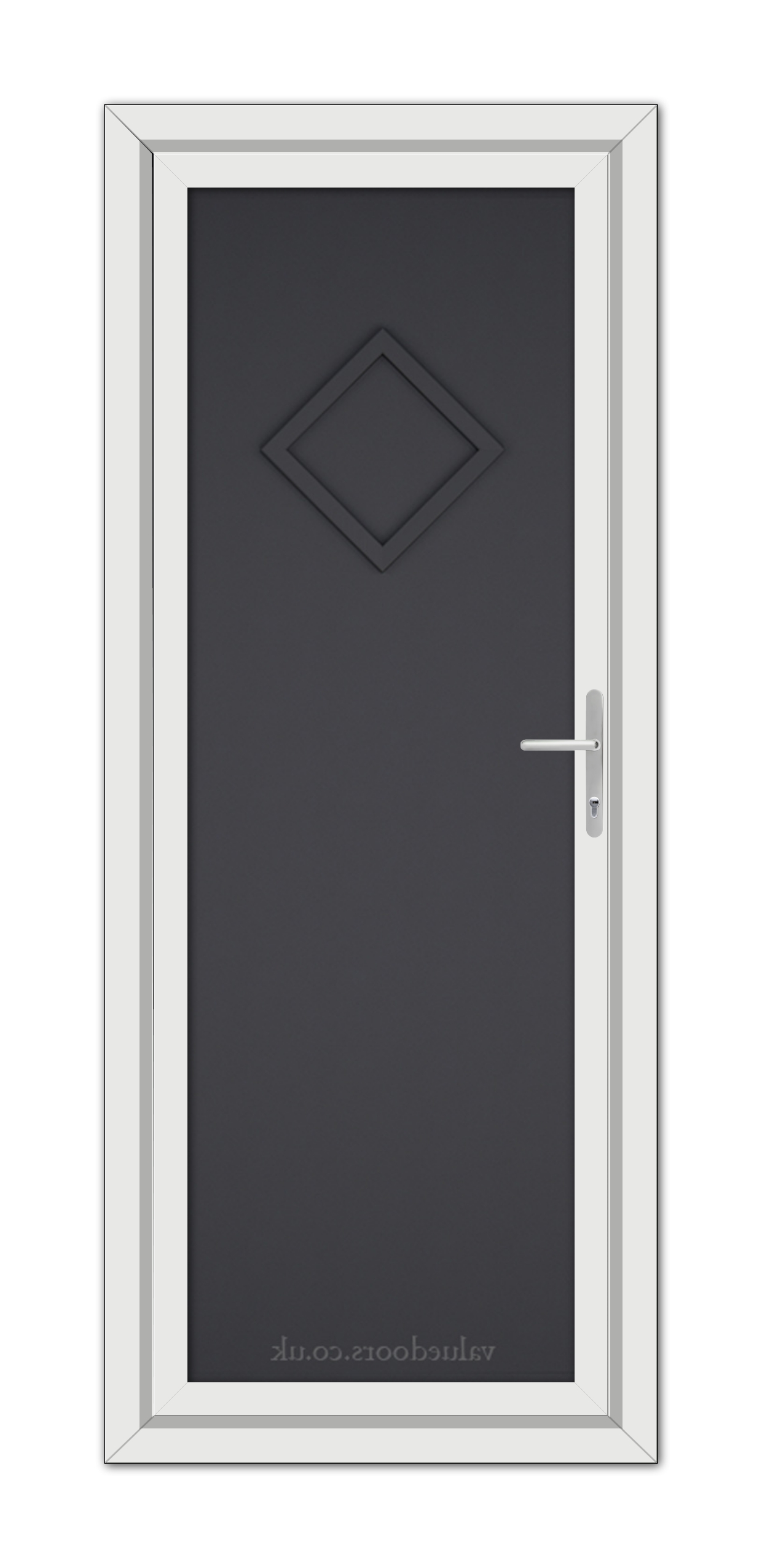A Grey Modern 5131 Solid uPVC door with a diamond-shaped panel and a silver handle, set within a white frame.