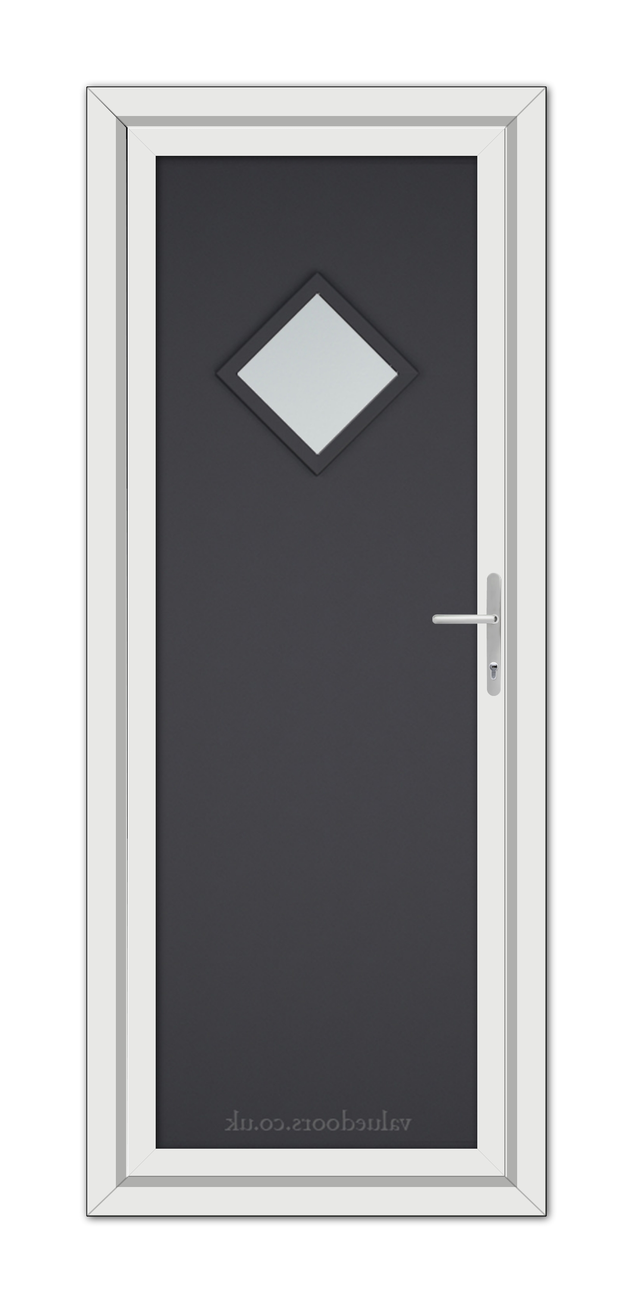 Grey Modern 5131 uPVC door with a diamond-shaped window, framed in white, featuring a silver handle on the right side.