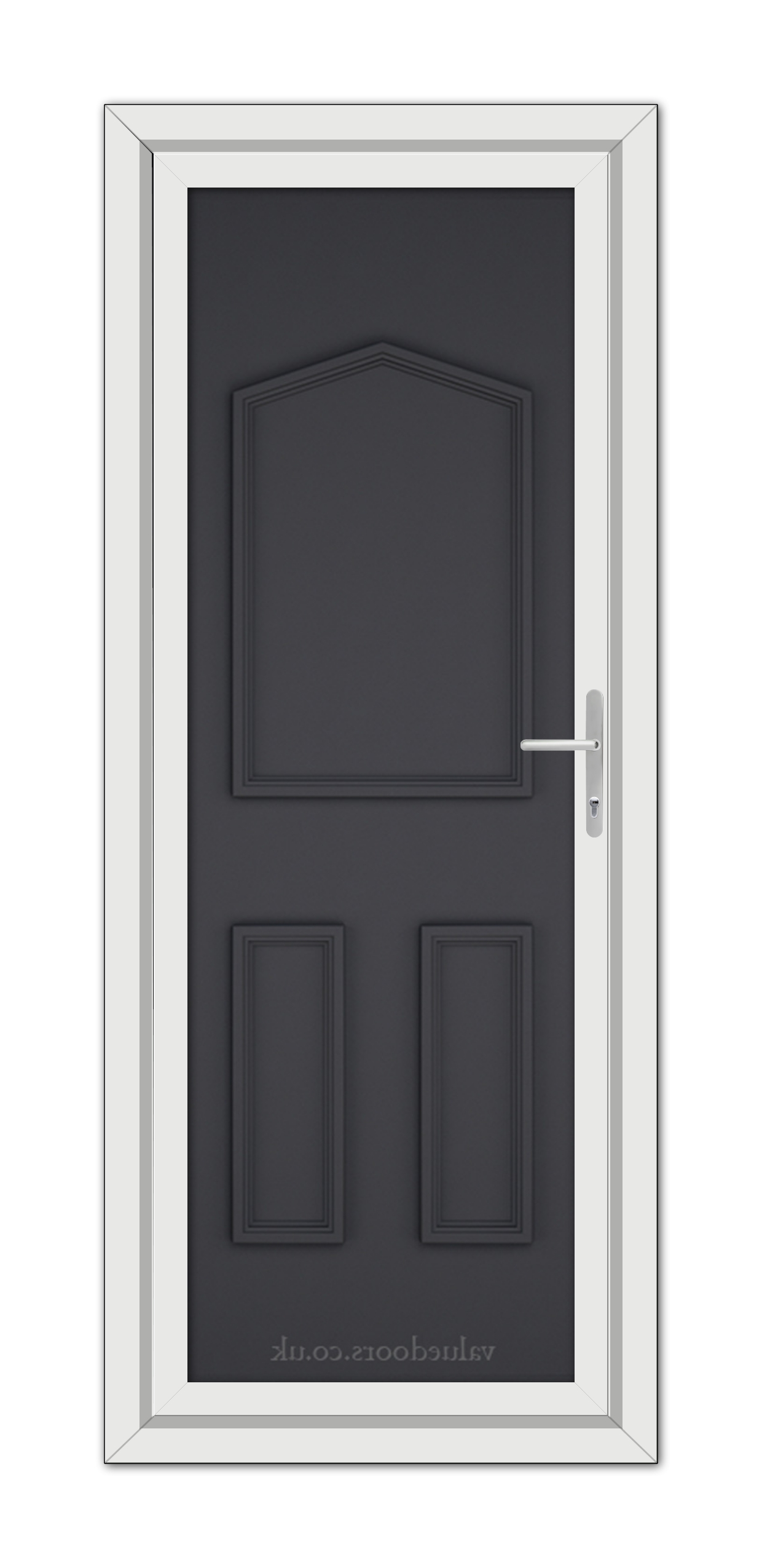 A modern, Grey Oxford Solid uPVC Door with a metallic handle, framed by a white doorframe, viewed from the front.