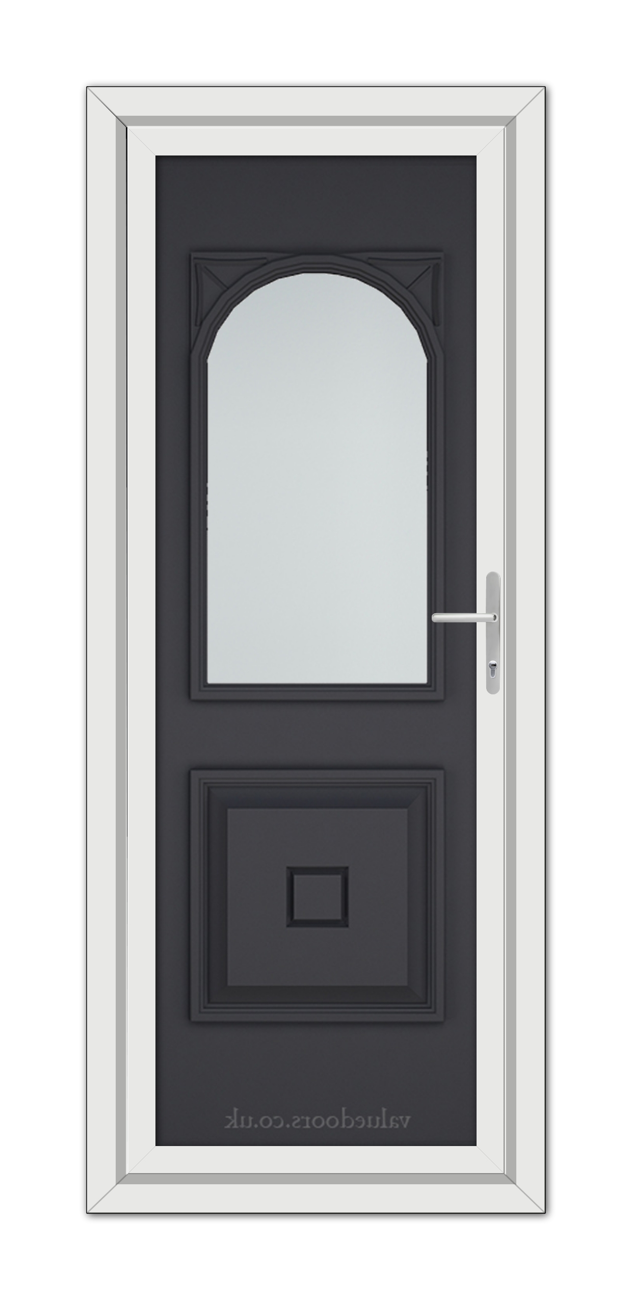 A modern Grey Reims uPVC door with a vertical glass panel, featuring a white frame and a metallic handle, isolated on a white background.
