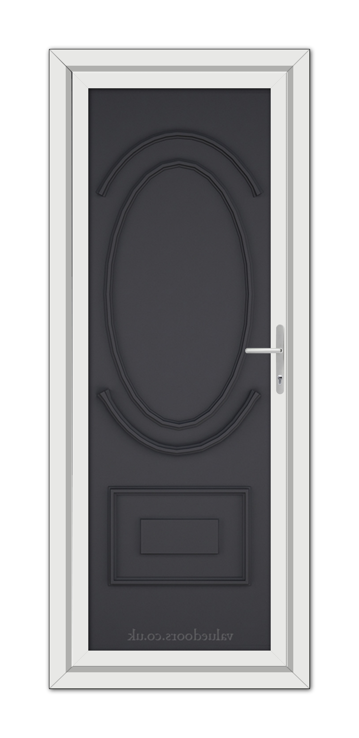 A modern Grey Richmond Solid uPVC Door with an oval window and a rectangular panel, set in a white frame with a silver handle on the right.