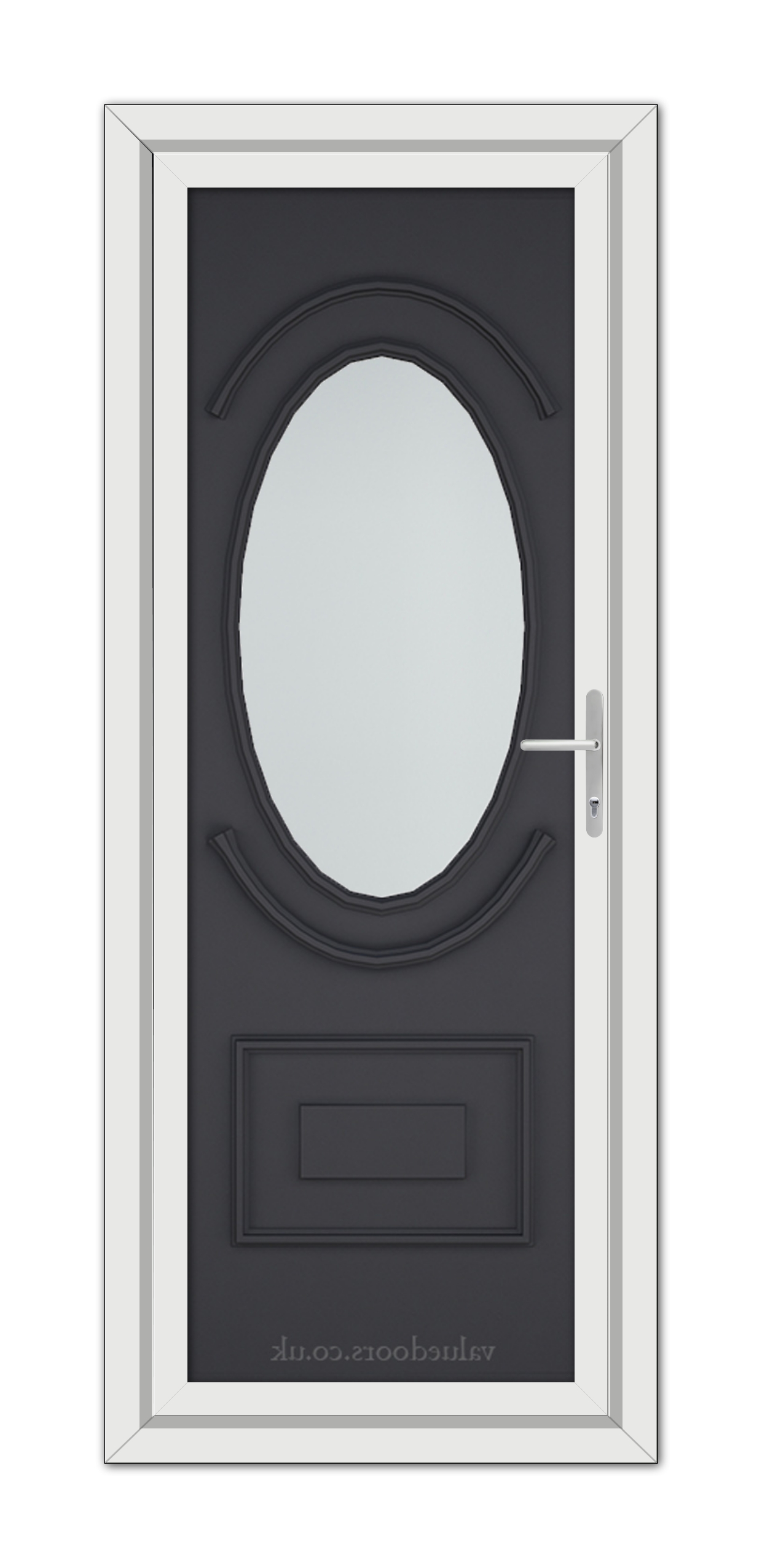 A Grey Richmond uPVC Door with an oval glass pane and a white frame, featuring a sleek handle on the right side.