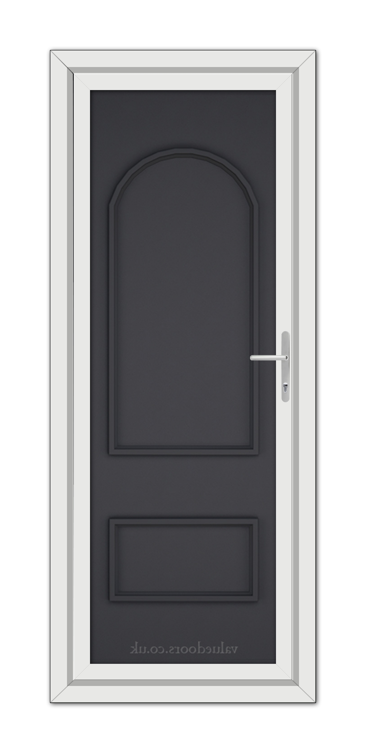 A modern Grey Rockingham Solid uPVC door with a silver handle, set within a white door frame, viewed from the front.