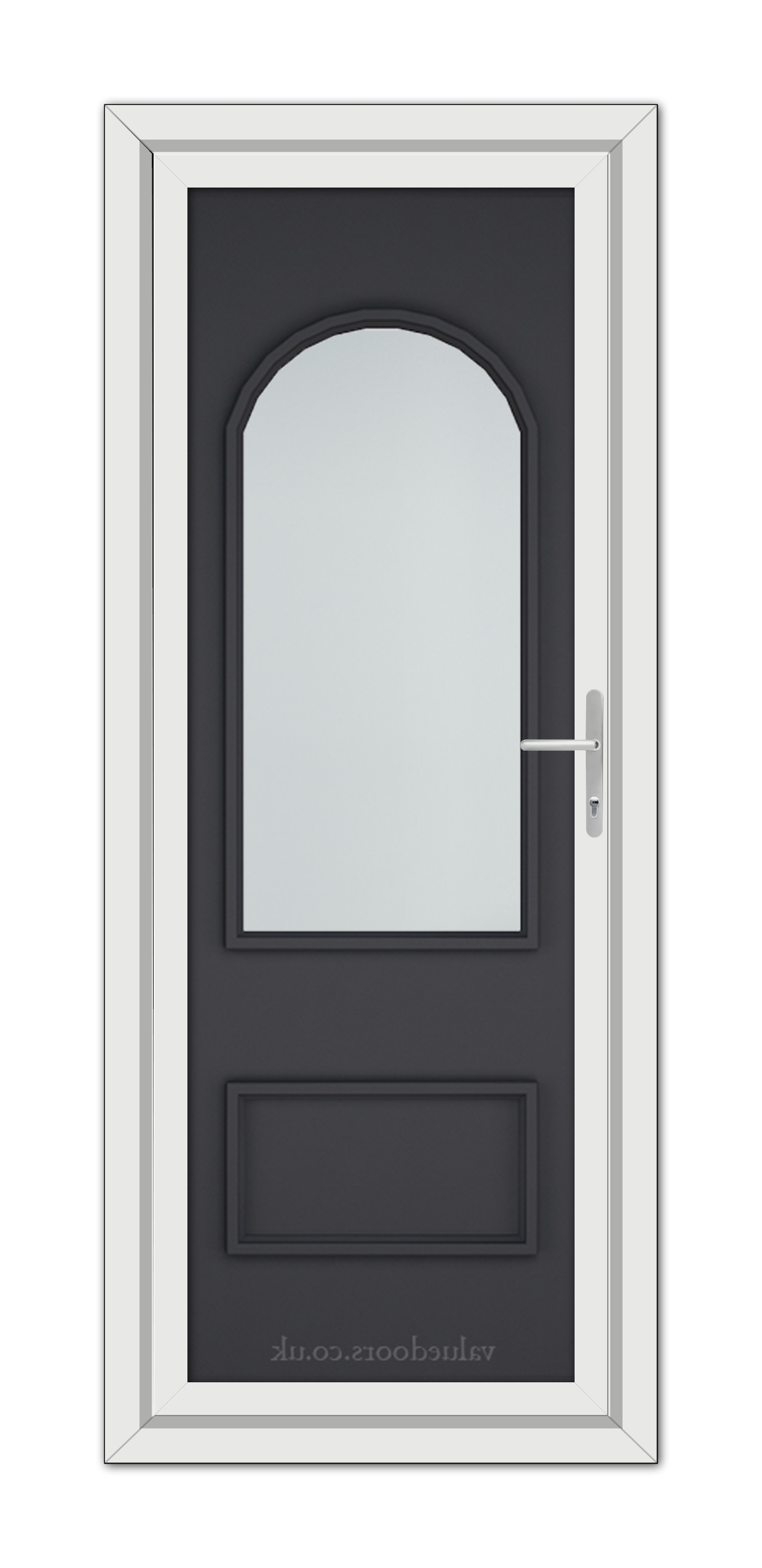 A vertical image of a Grey Rockingham uPVC Door with a white frame, dark gray inset, and a long, oval glass window.