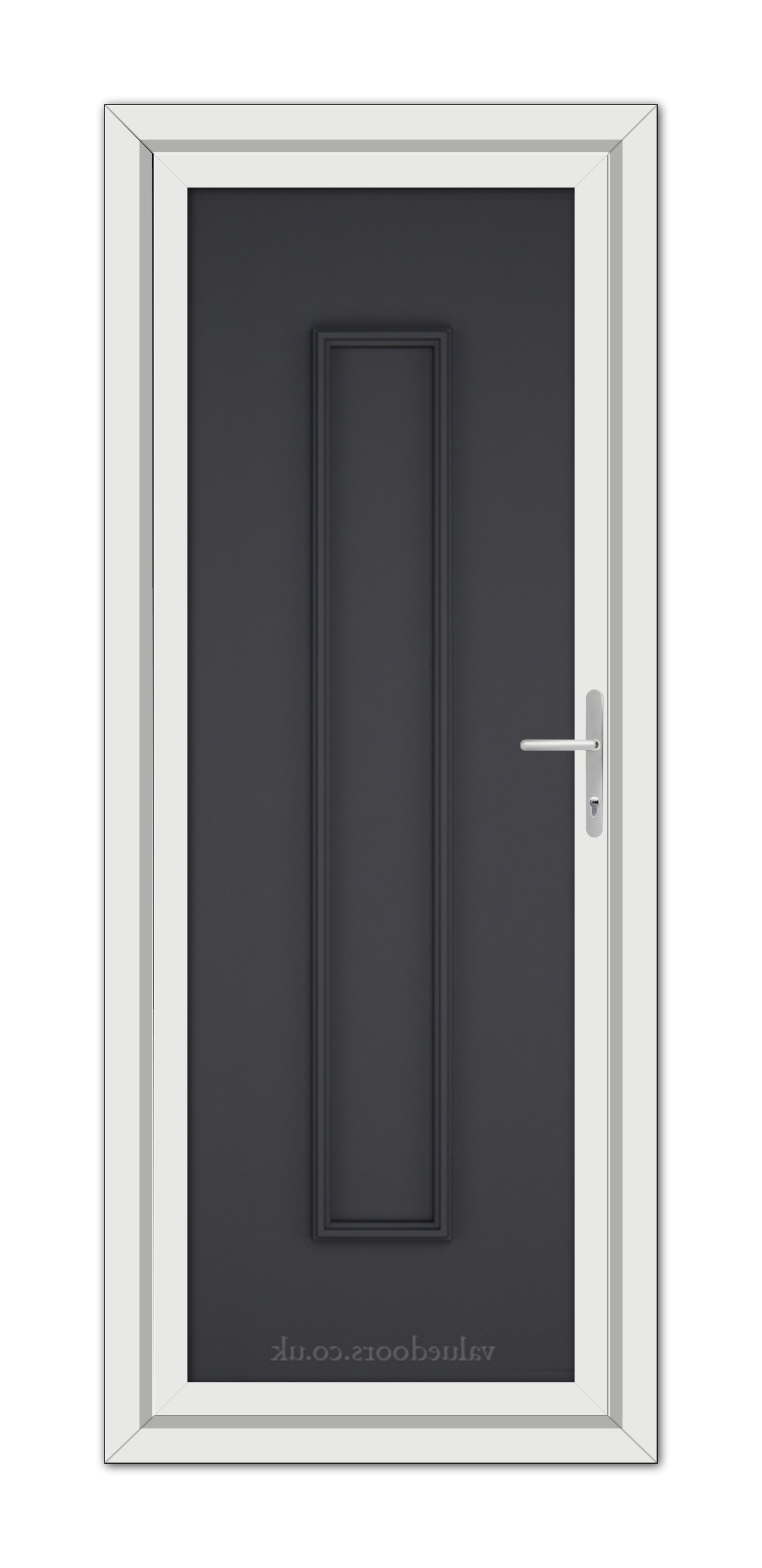 Modern closed Grey Rome Solid uPVC Door with a dark gray panel, silver handle, and white frame, viewed from the front.