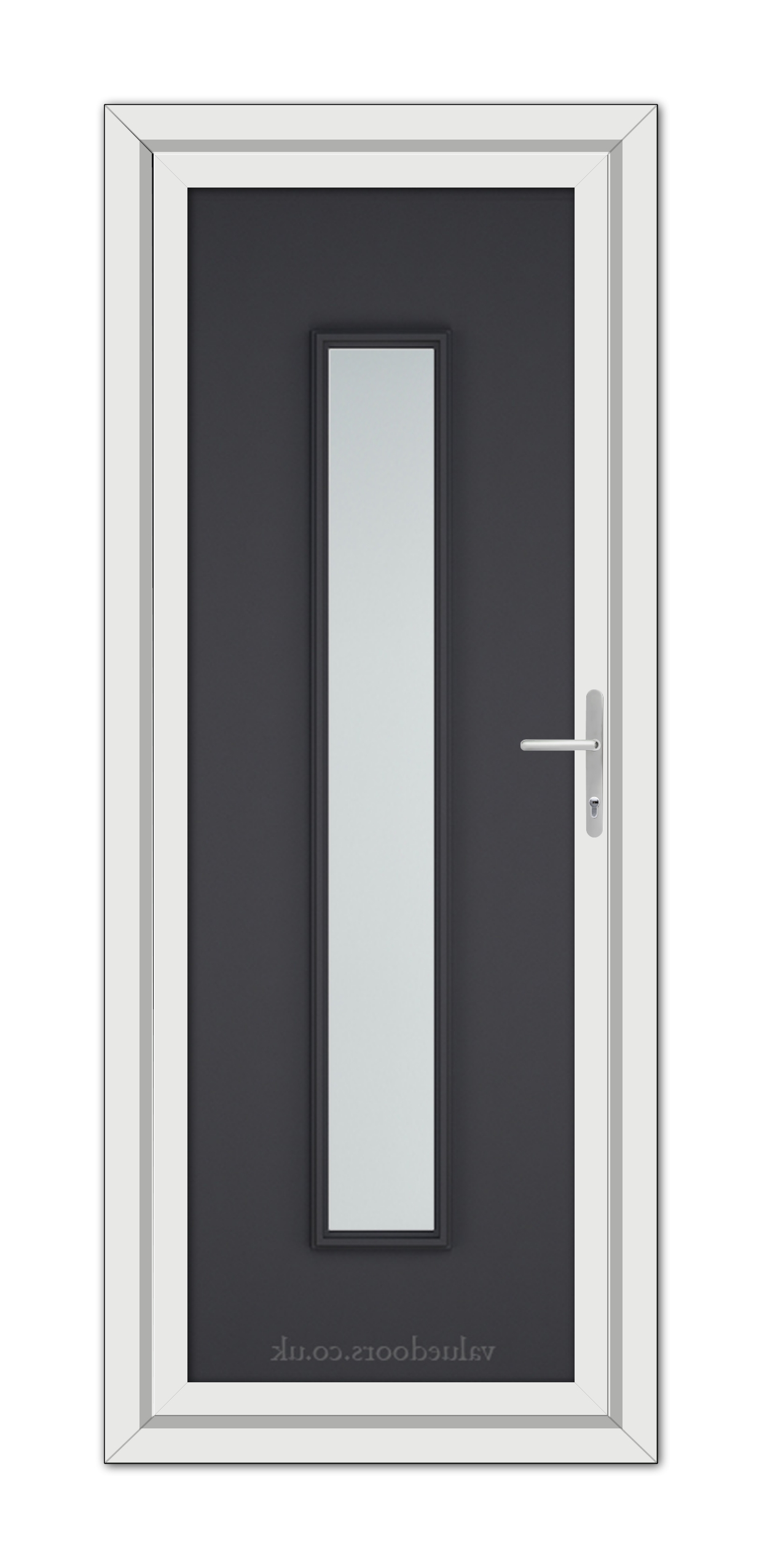A modern Grey Rome uPVC door with a vertical glass panel, silver handle, and white frame, viewed frontally.