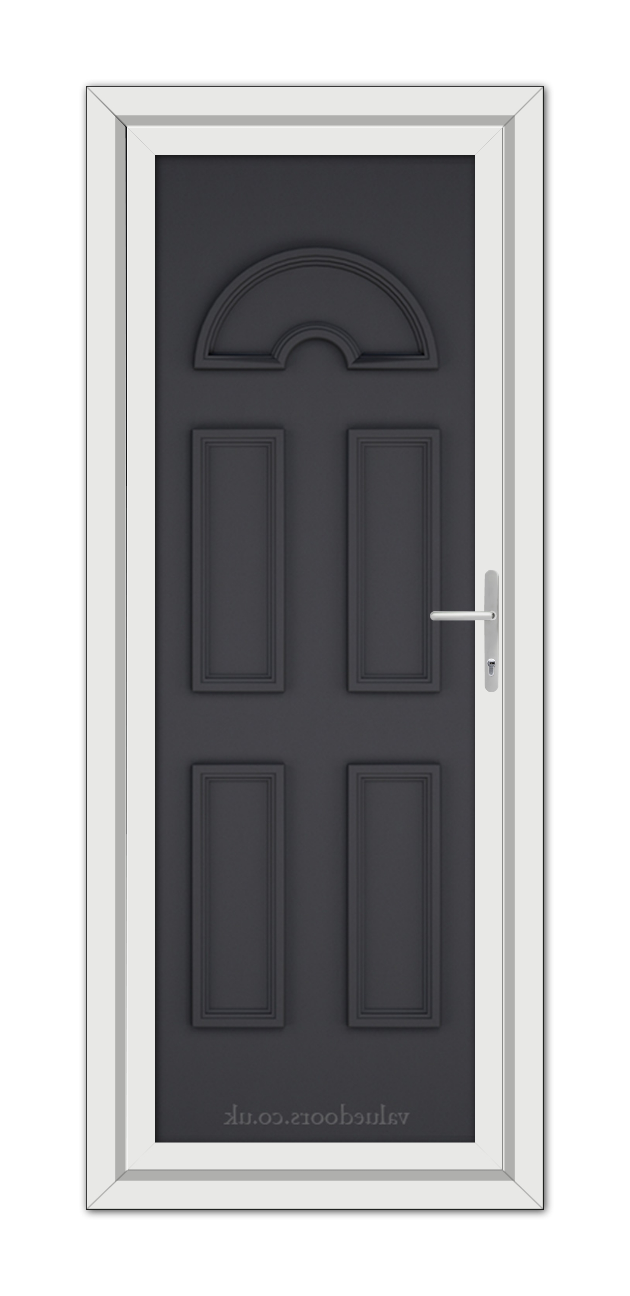 A vertical image of a Grey Sandringham Solid uPVC Door with an arched top and six panels, framed in white with a silver handle on the right side.