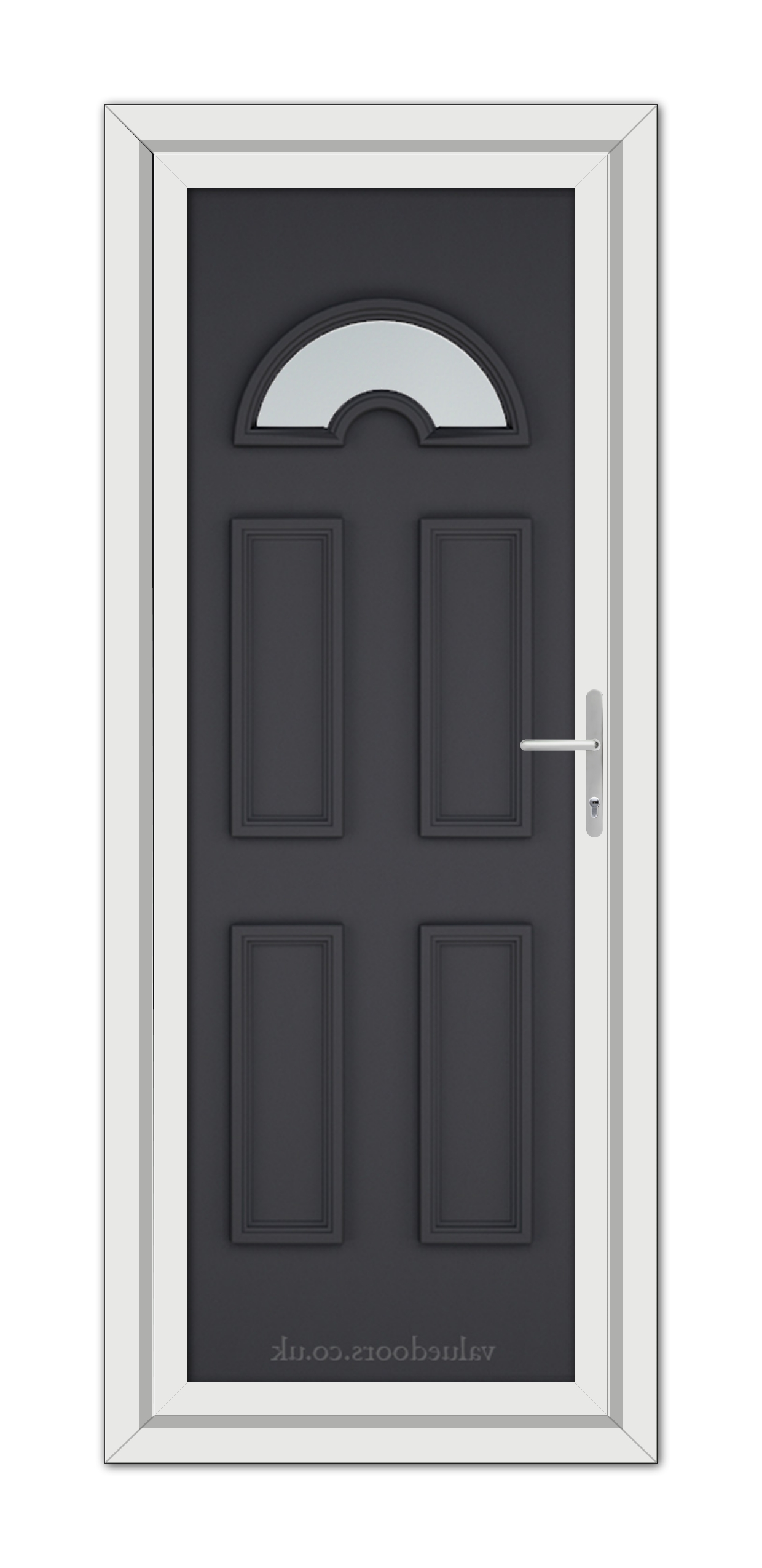 A modern Grey Sandringham uPVC Door featuring charcoal panels with a white frame and an arched top window, equipped with a metallic handle on the right side.