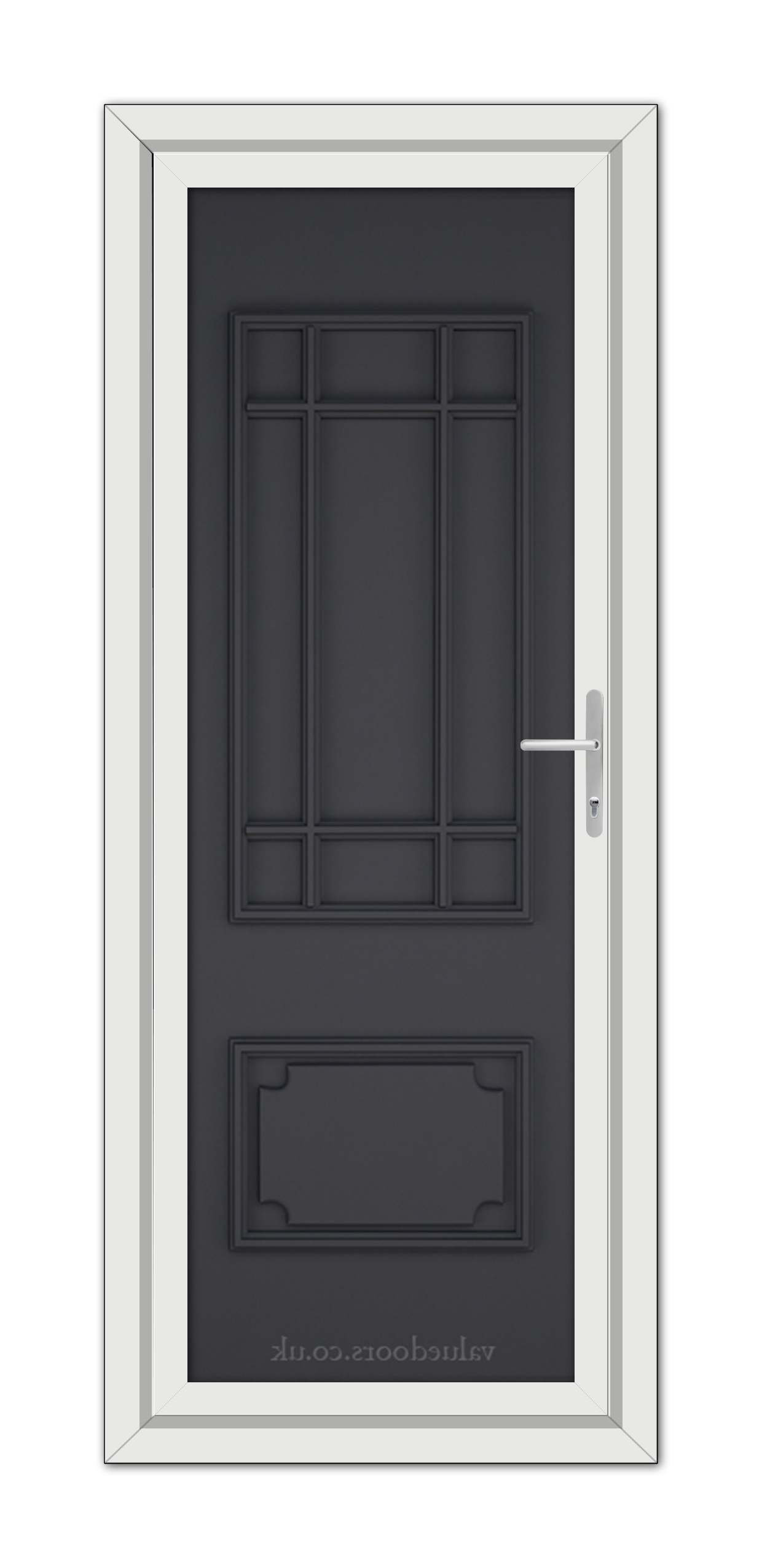 A modern Grey Seville Solid uPVC door with six panels and a silver handle, framed within a white door frame, viewed from the front.