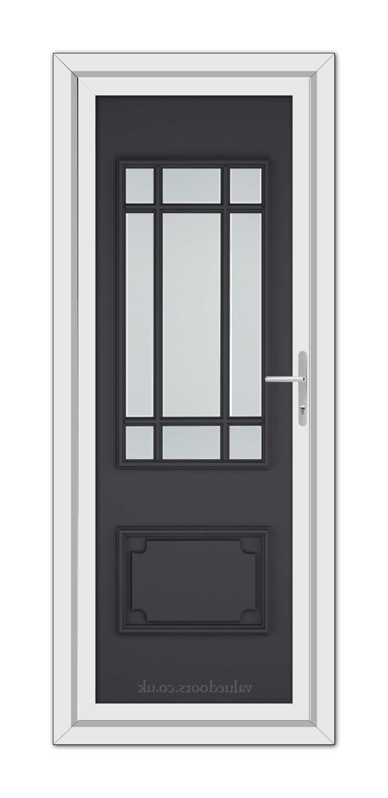 Grey Seville uPVC Door with a window featuring six clear glass panels and a white frame, equipped with a metal handle on the right side.