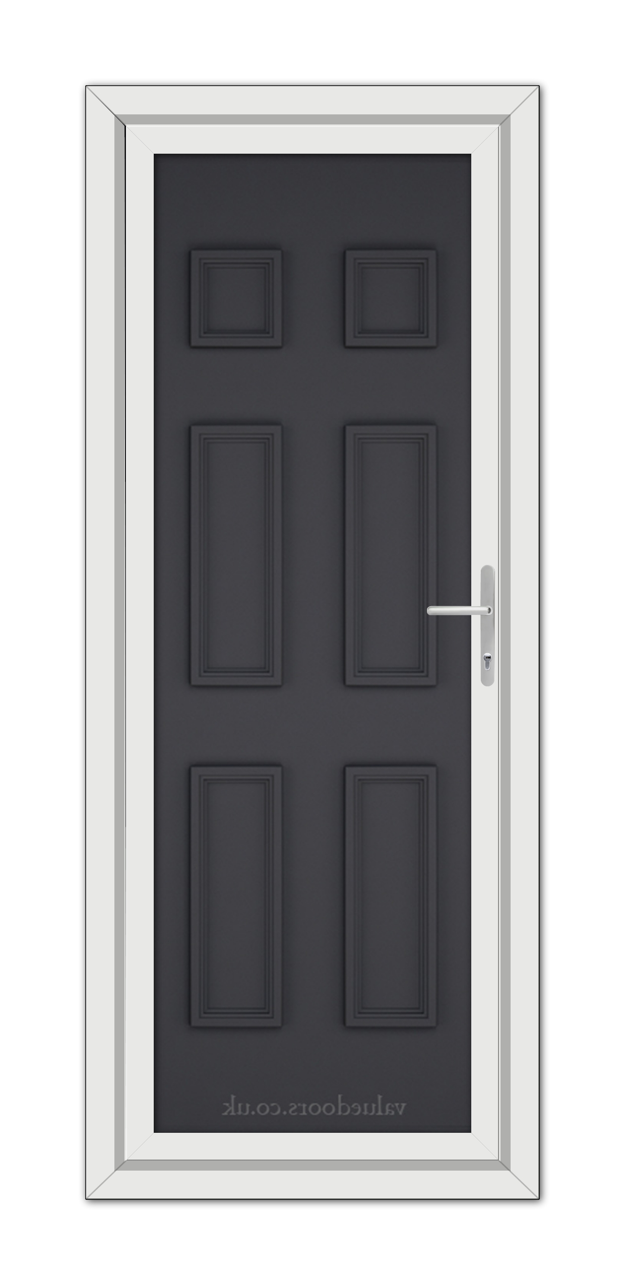 A modern grey Windsor solid uPVC door with a silver handle, set within a white door frame.