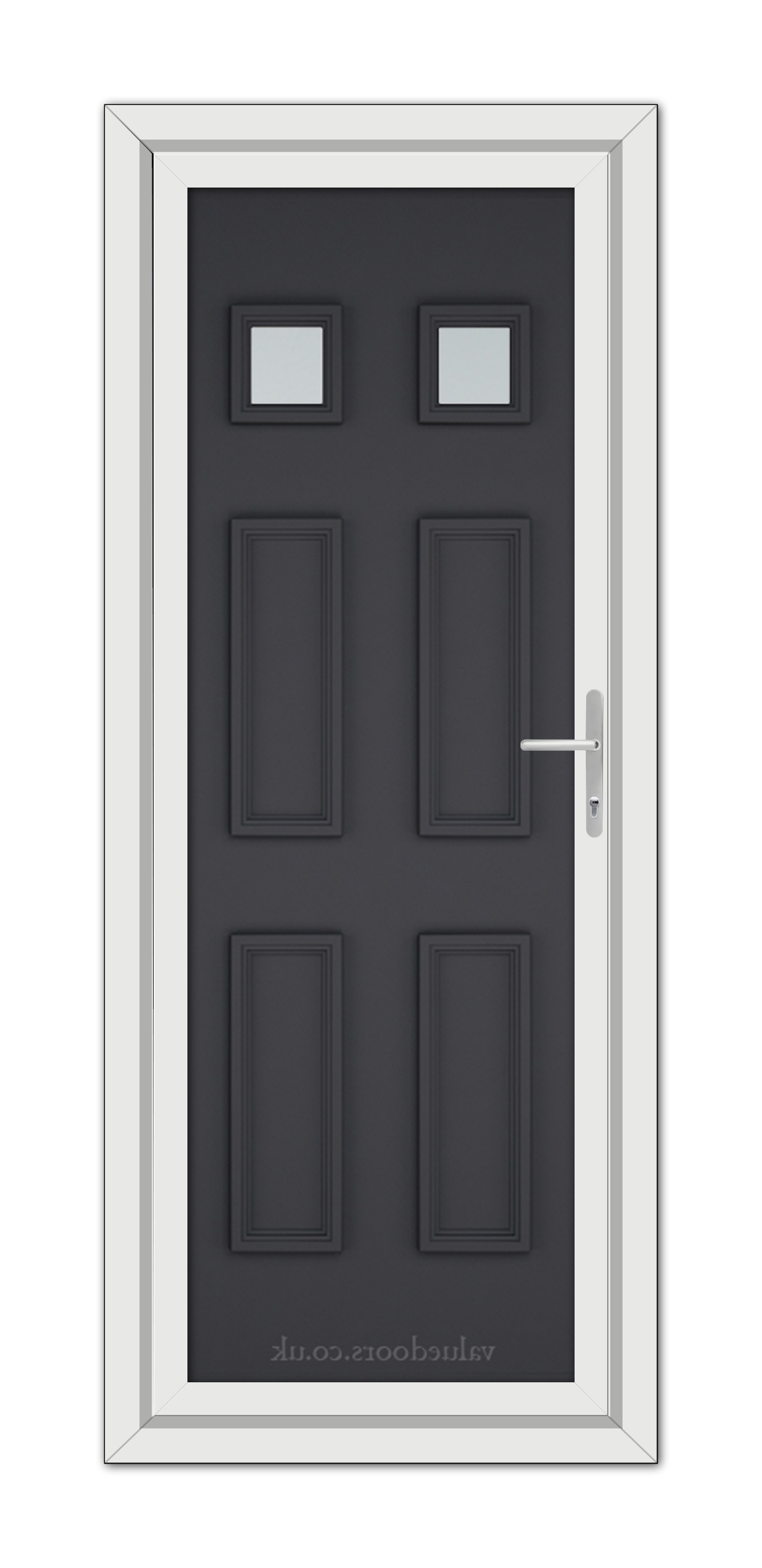 Modern Grey Windsor uPVC Door with two small square windows, framed in white with a metallic handle on the right side.