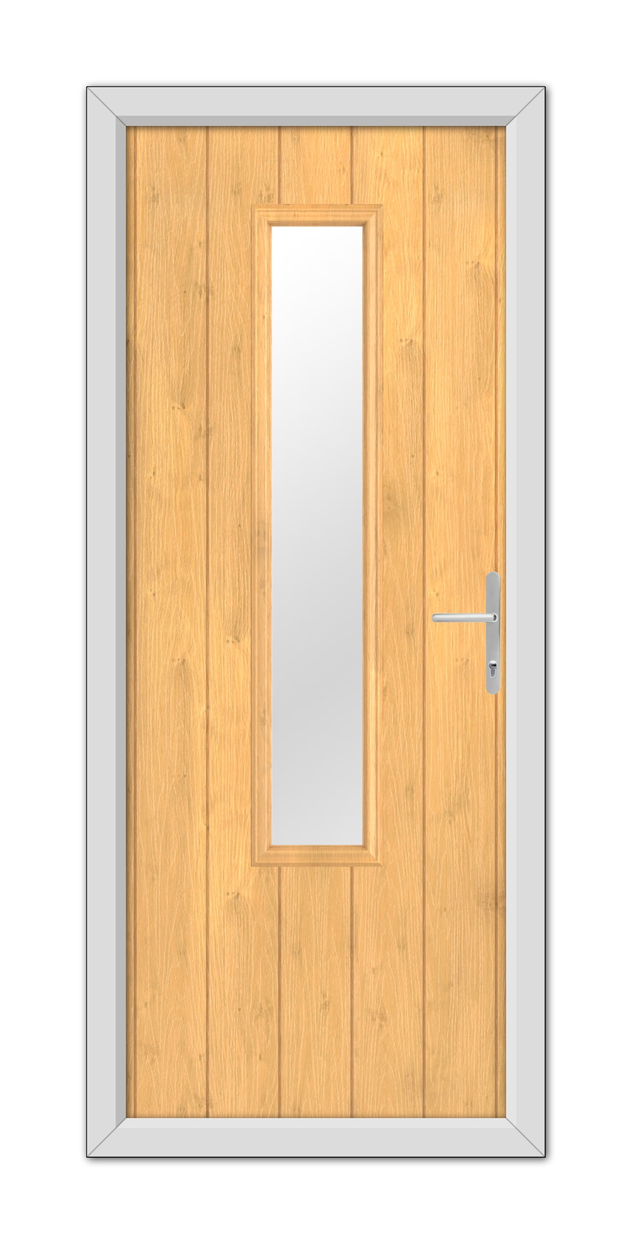 A Irish Oak Abercorn Composite Door 48mm Timber Core with a vertical rectangular window and a modern handle, framed by a grey metal doorframe, viewed from the front.