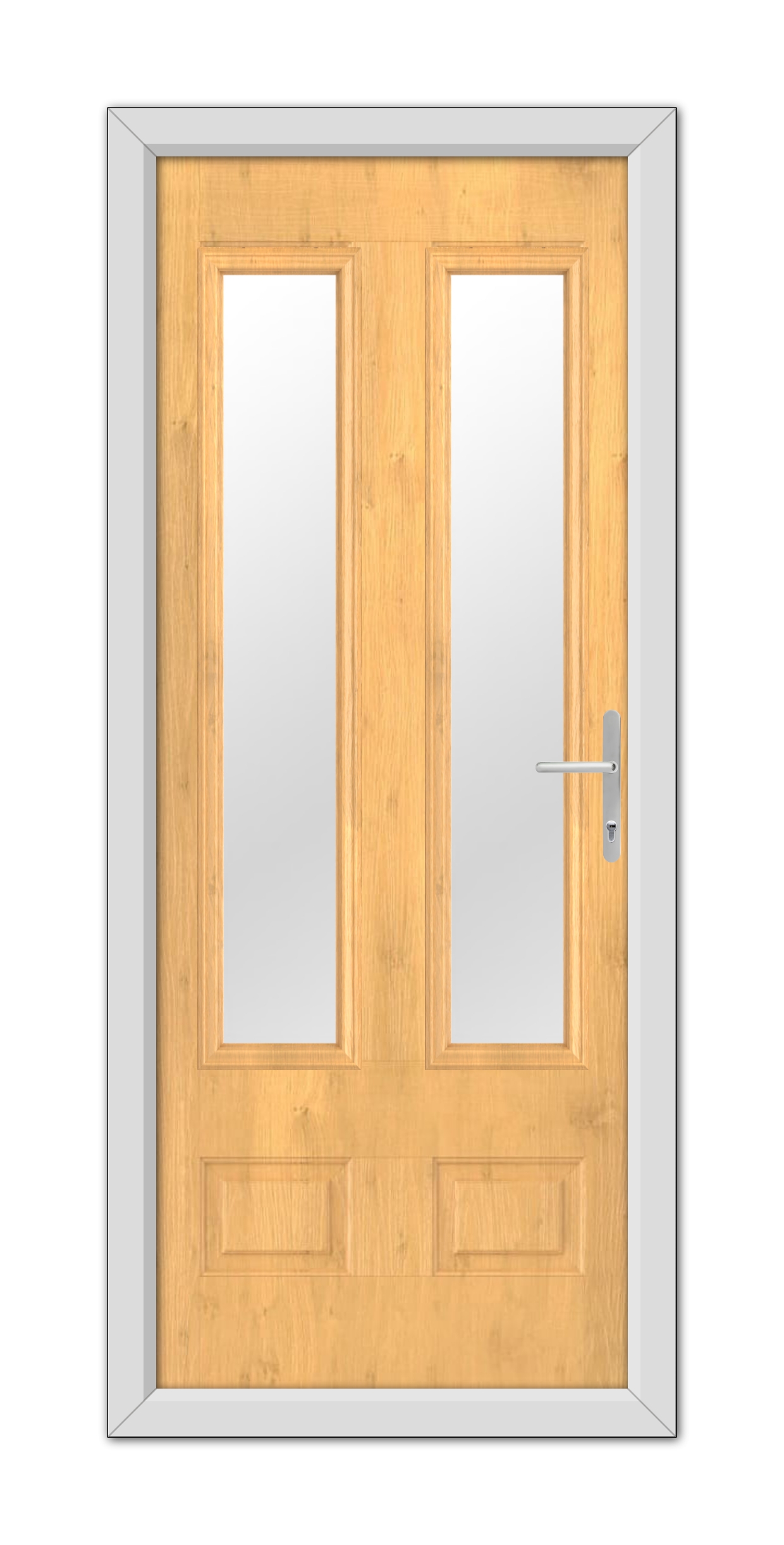 A modern Irish Oak Aston Glazed 2 Composite Door 48mm Timber Core with glass panels and a stainless steel handle, set in a simple gray frame.