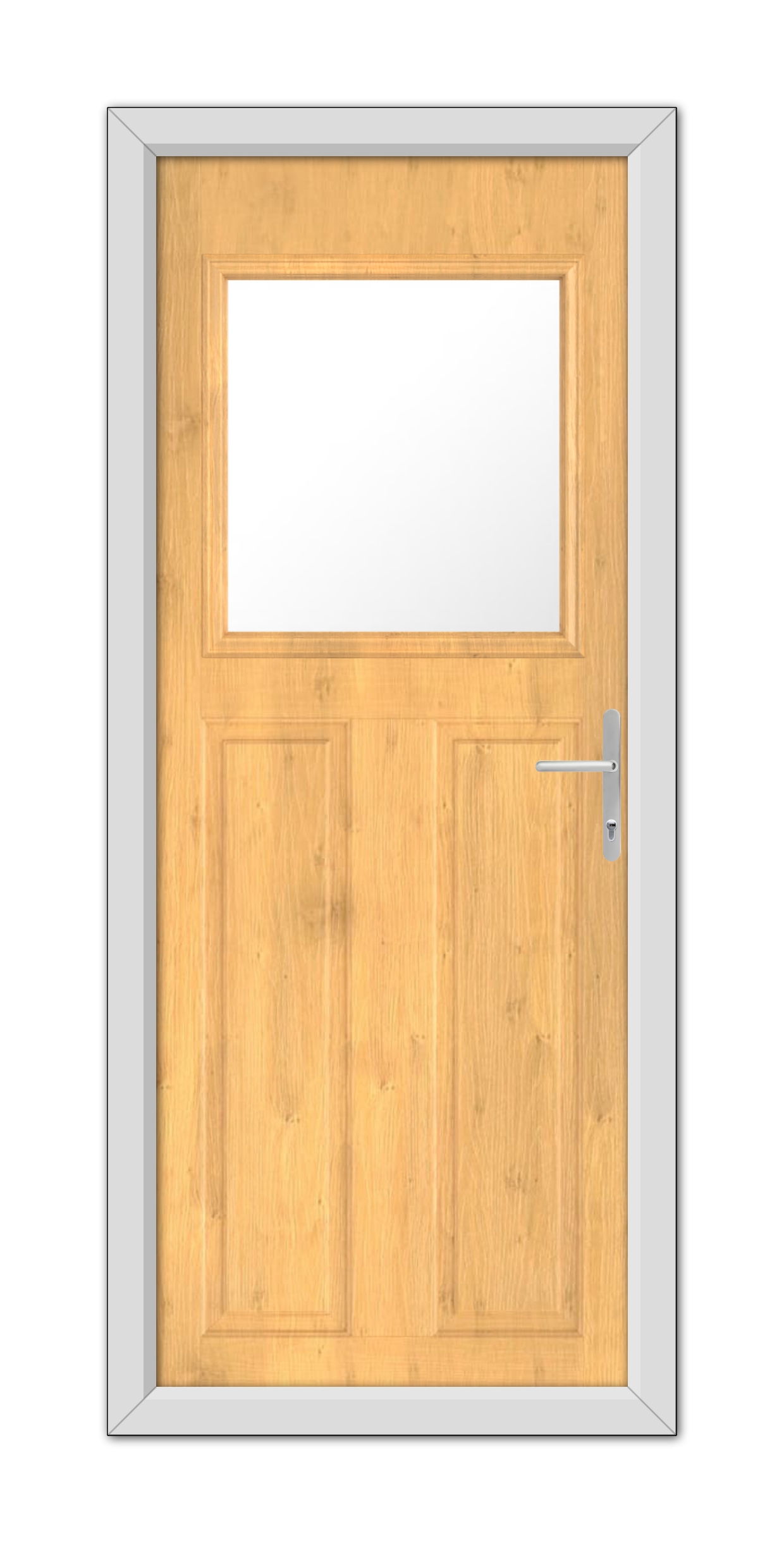 Irish Oak Axwell Composite Door 48mm Timber Core with a small square window at the top and a metal handle, set within a gray frame, isolated on a white background.
