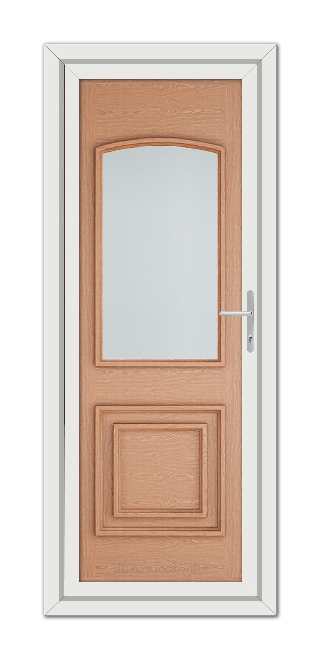 A modern Irish Oak Balmoral Classic uPVC door with a vertical glass panel and metal handle, set within a white frame.