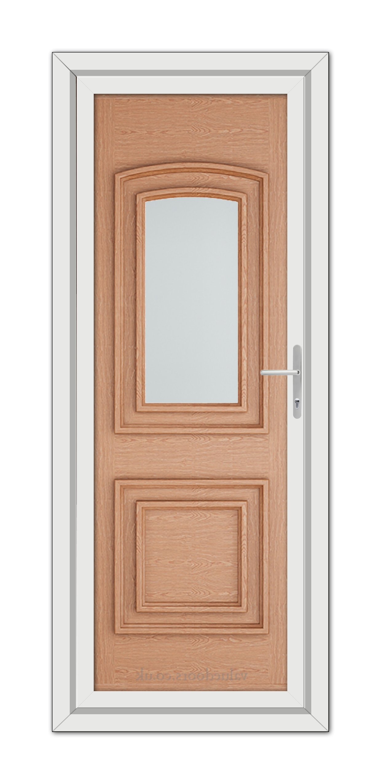 A Irish Oak Balmoral One uPVC door with a rectangular glass panel and a stainless steel handle, set within a white frame.