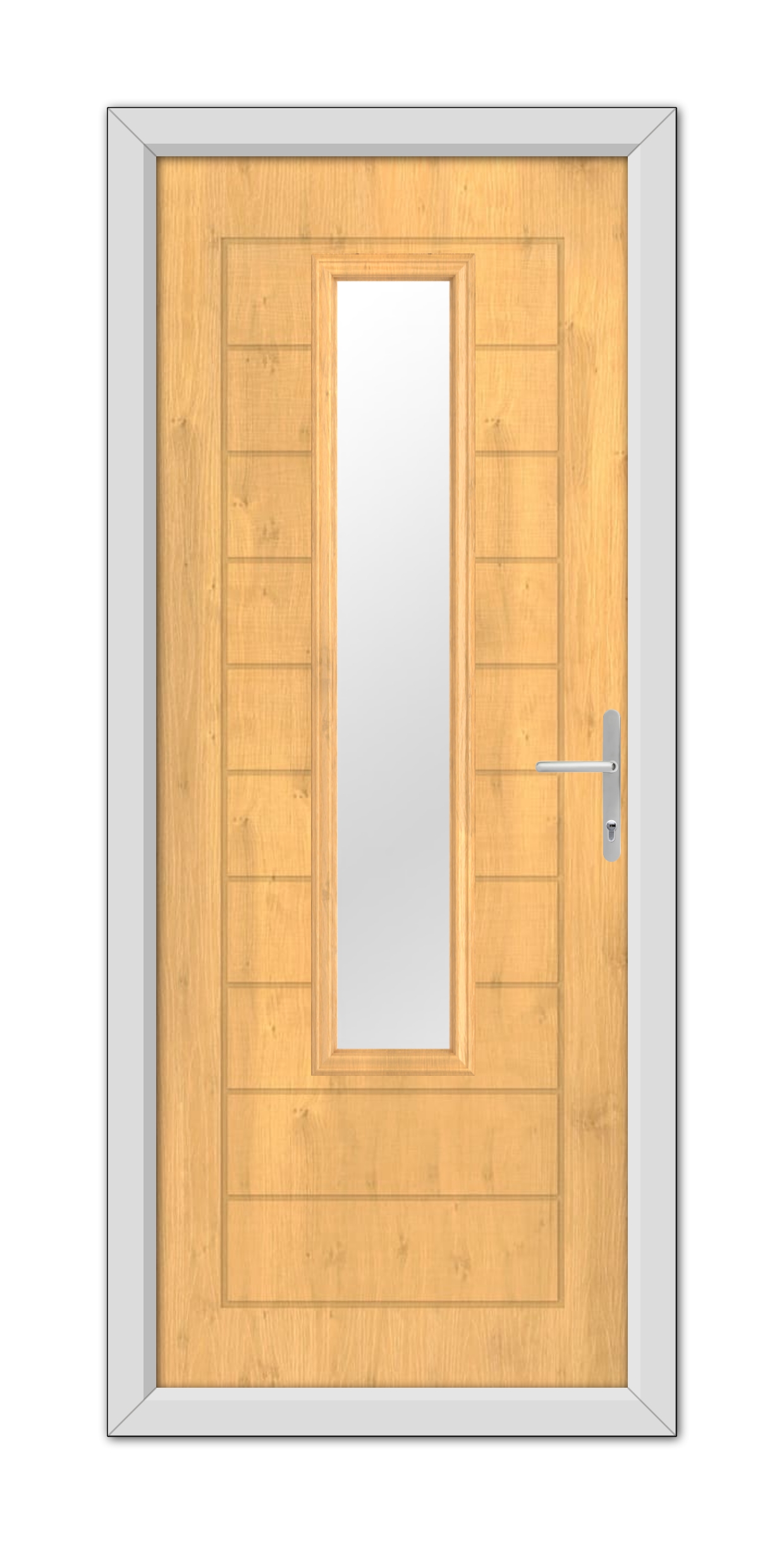 An Irish Oak Bedford Composite Door 48mm Timber Core with a vertical rectangular glass panel and a metal handle, set within a white frame.