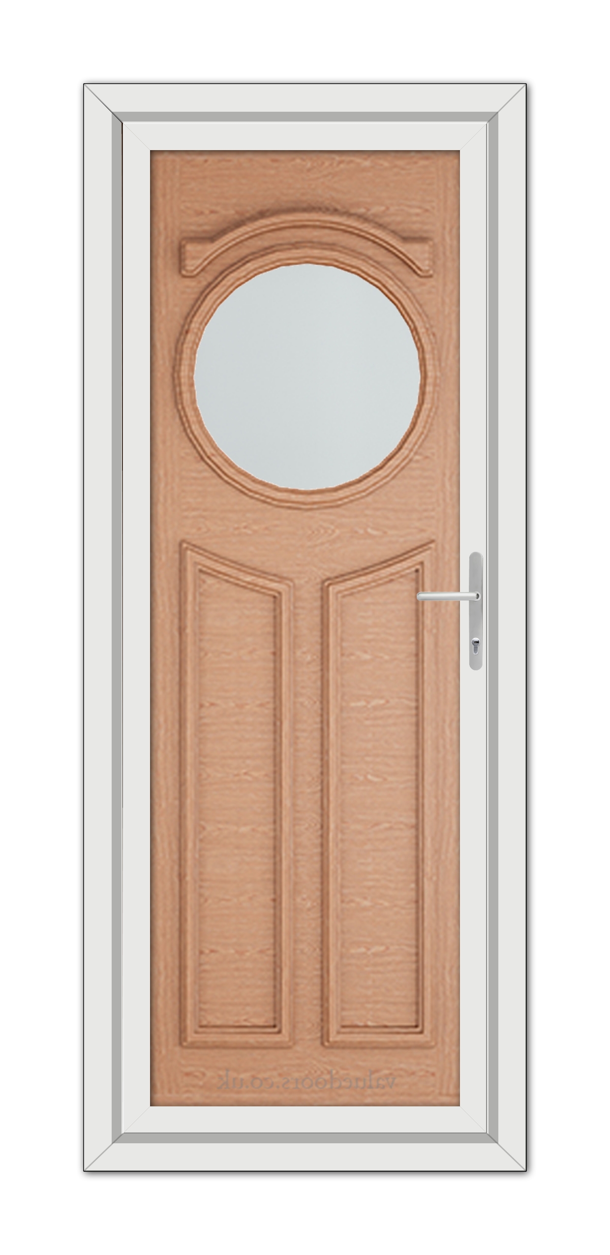 A Irish Oak Blenheim uPVC Door with an oval glass window at the top and a modern handle, framed within a white door frame.