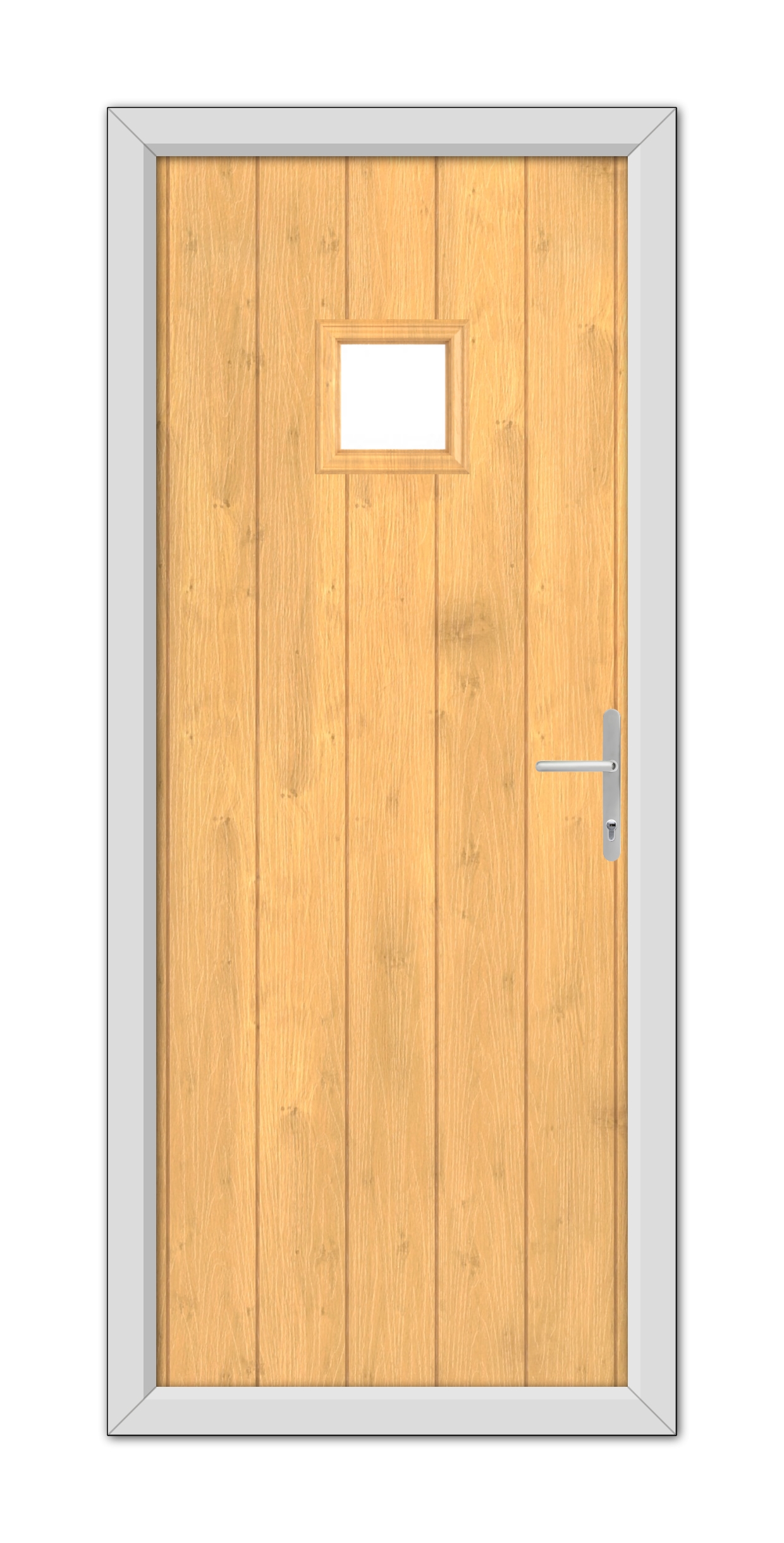 A modern Irish Oak Brampton Composite Door with a small square window, set in a gray frame, featuring a metal handle on the right side.