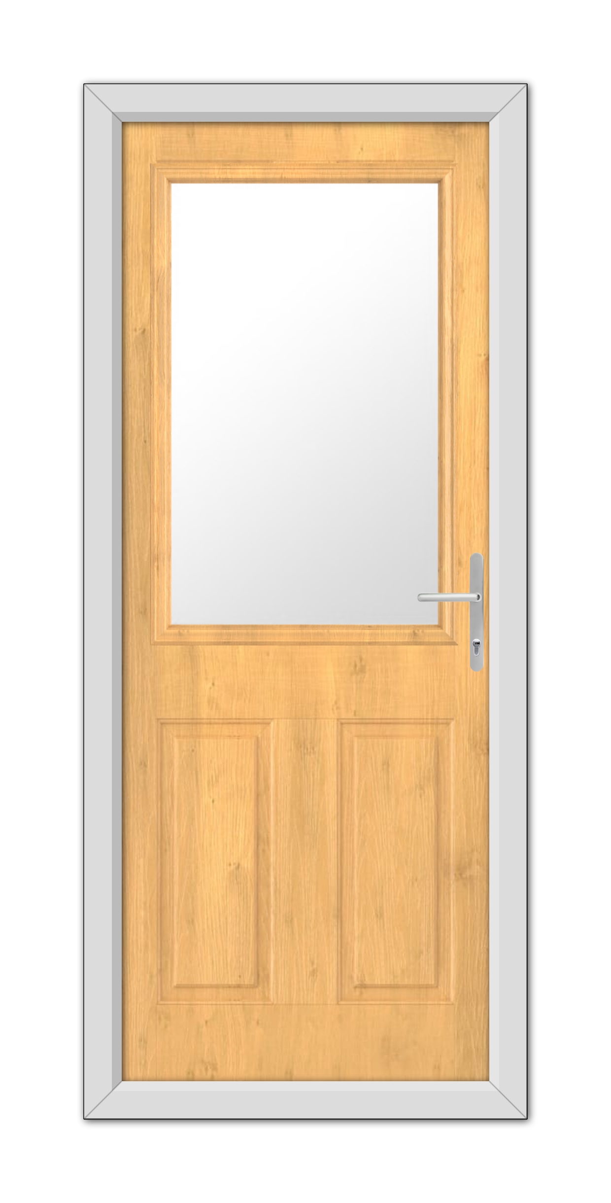 Irish Oak Buxton Composite Door 48mm Timber Core with a glass panel at the top, featuring a metal handle on the right side, framed by a gray casing.