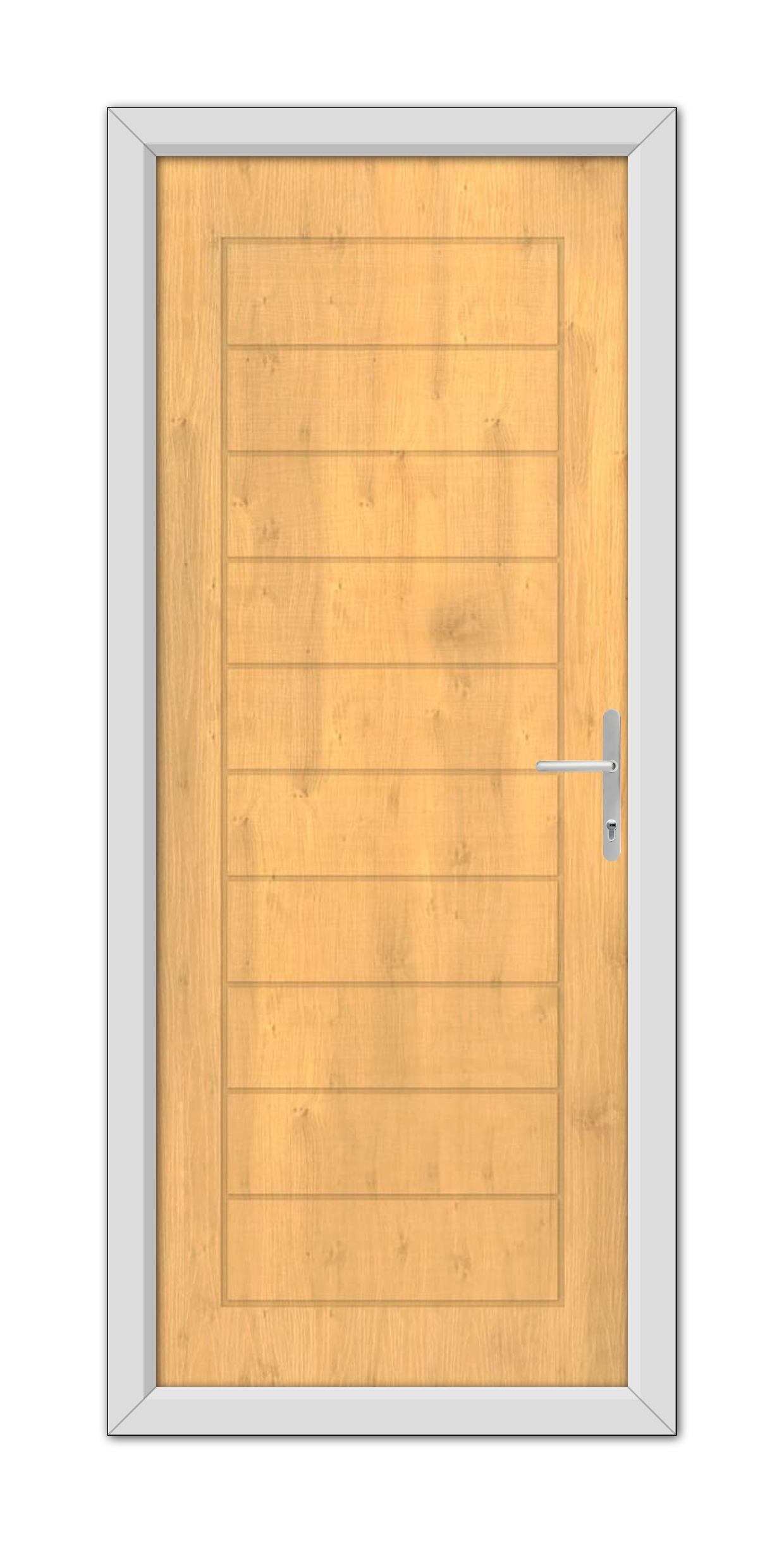 An Irish Oak Cambridge Composite Door 48mm Timber Core with a metal handle, set within a gray frame, viewed from the front.