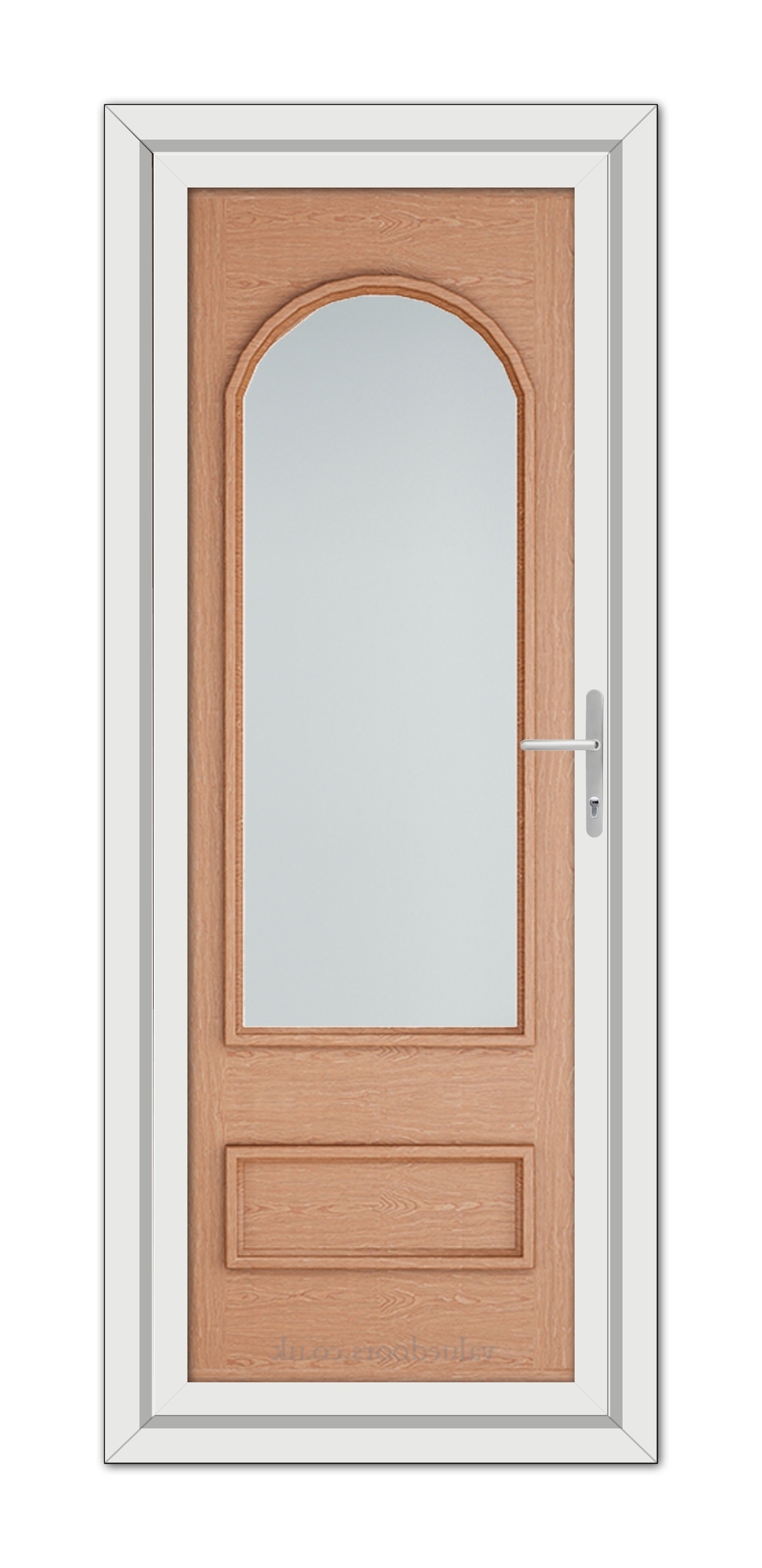 A Irish Oak Canterbury uPVC door with a large glass panel, set within a white door frame, viewed directly from the front.