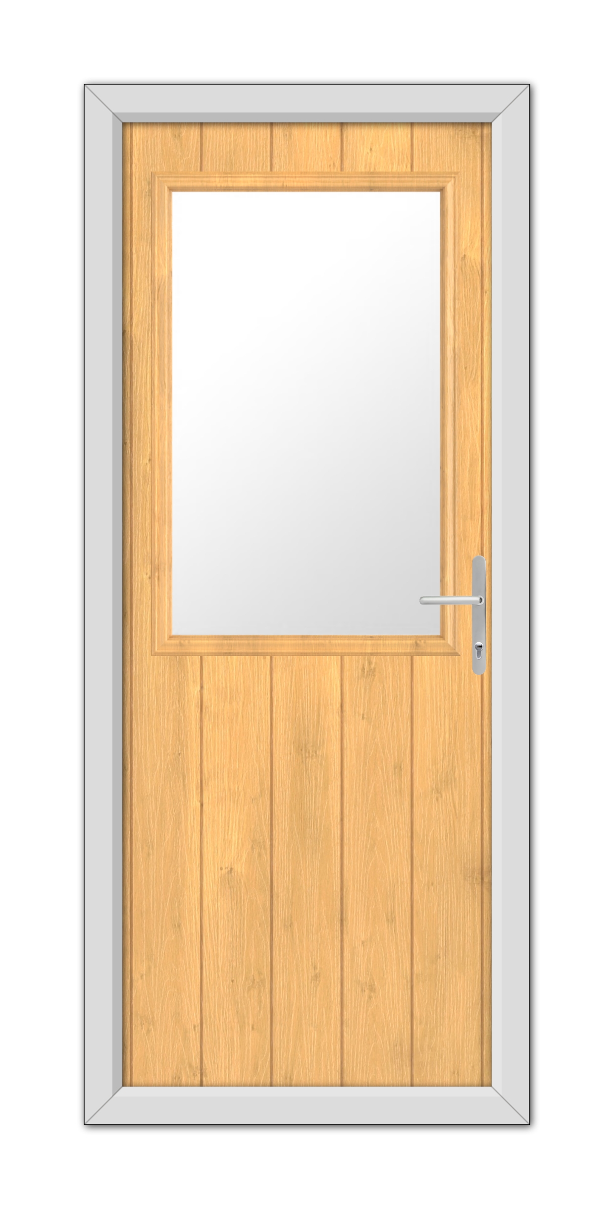 A modern Irish Oak Clifton Composite Door 48mm Timber Core with a square glass window, framed in grey metal and equipped with a silver handle.