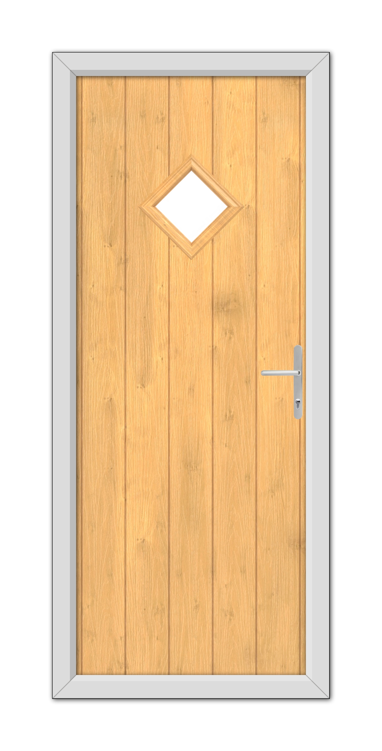 An Irish Oak Cornwall Composite Door 48mm Timber Core with a diamond-shaped window, set within a gray frame, featuring a modern handle on the right side.